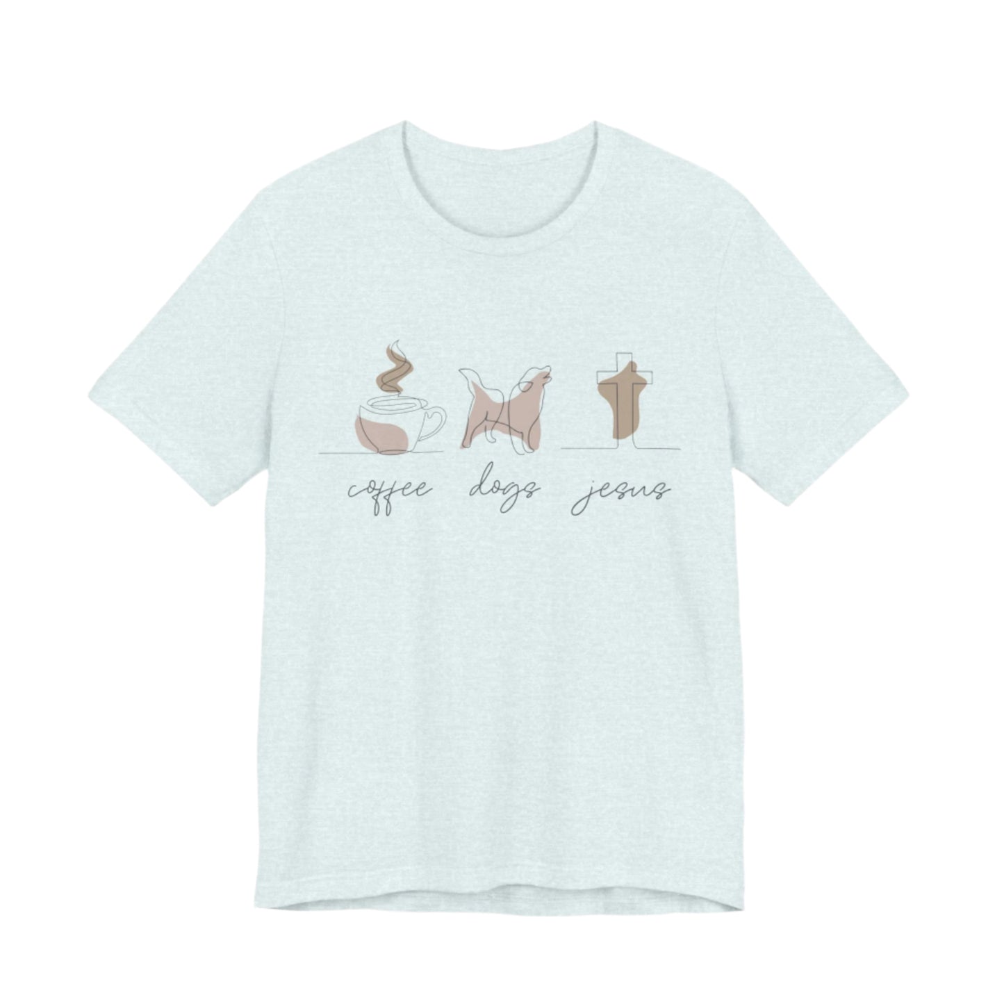 This unisex short sleeve tee by Printify, made from soft Airlume cotton, features a light grey design with charming illustrations of a coffee cup, dog, and cross. Beneath them, cursive text reads coffee dogs faith. It is named the Coffee Dogs Jesus Tee.