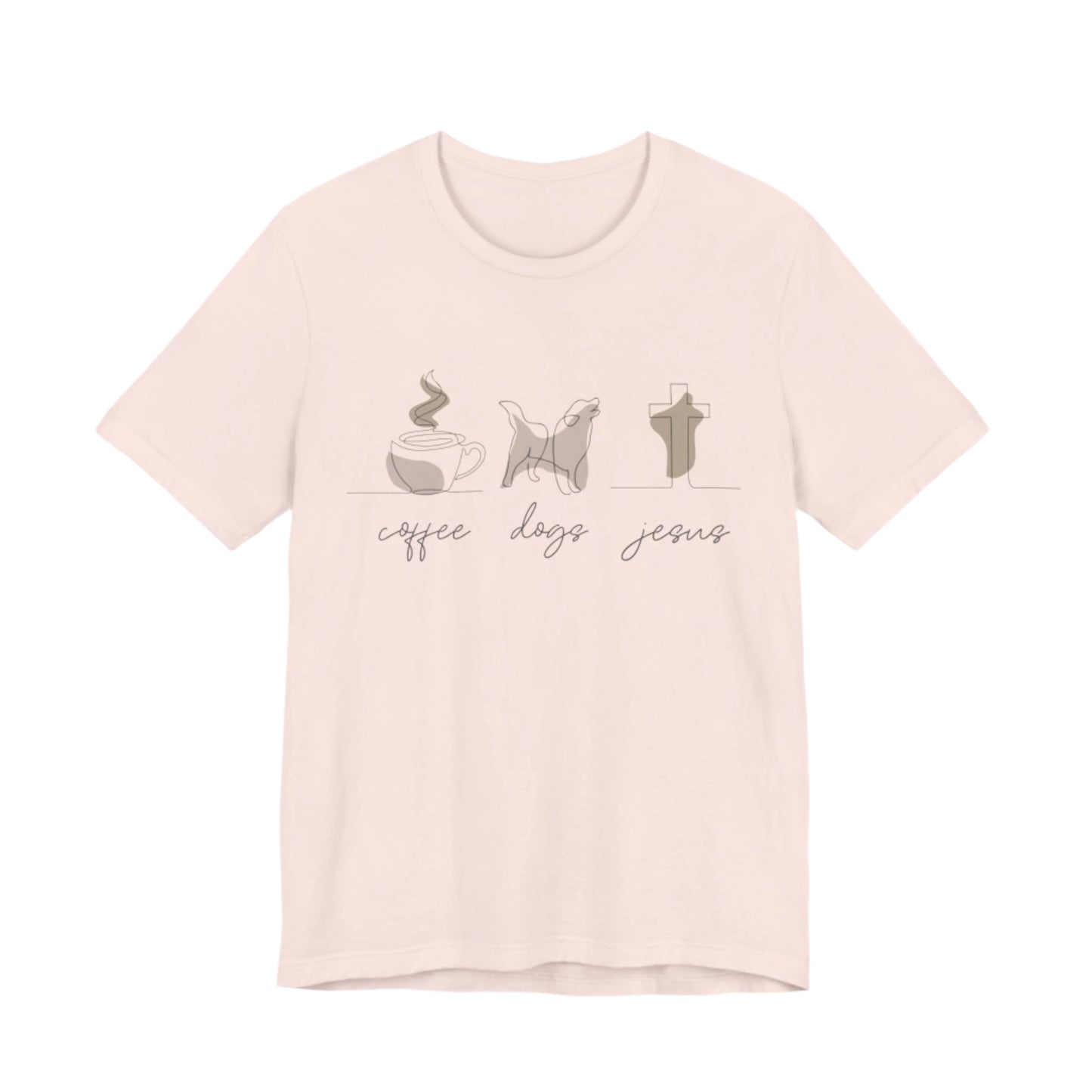 The Printify Coffee Dogs Jesus Tee is a unisex short sleeve shirt crafted from soft Airlume cotton, featuring minimalist designs: a steaming coffee cup, playful dog, and cross, with coffee dogs faith elegantly printed beneath each icon.