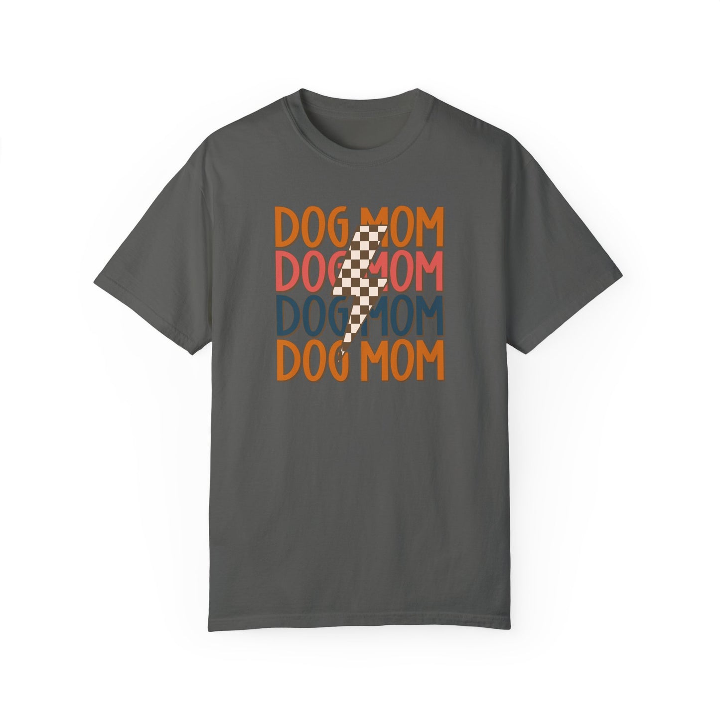 Banks + Coves Checkered Vibes Dog Mom Tee features DOG MOM in vibrant orange and blue with a checkered lightning bolt. Embrace your trendy, retro Dog Mom Energy with this stylish tee for fashionable dog moms everywhere.