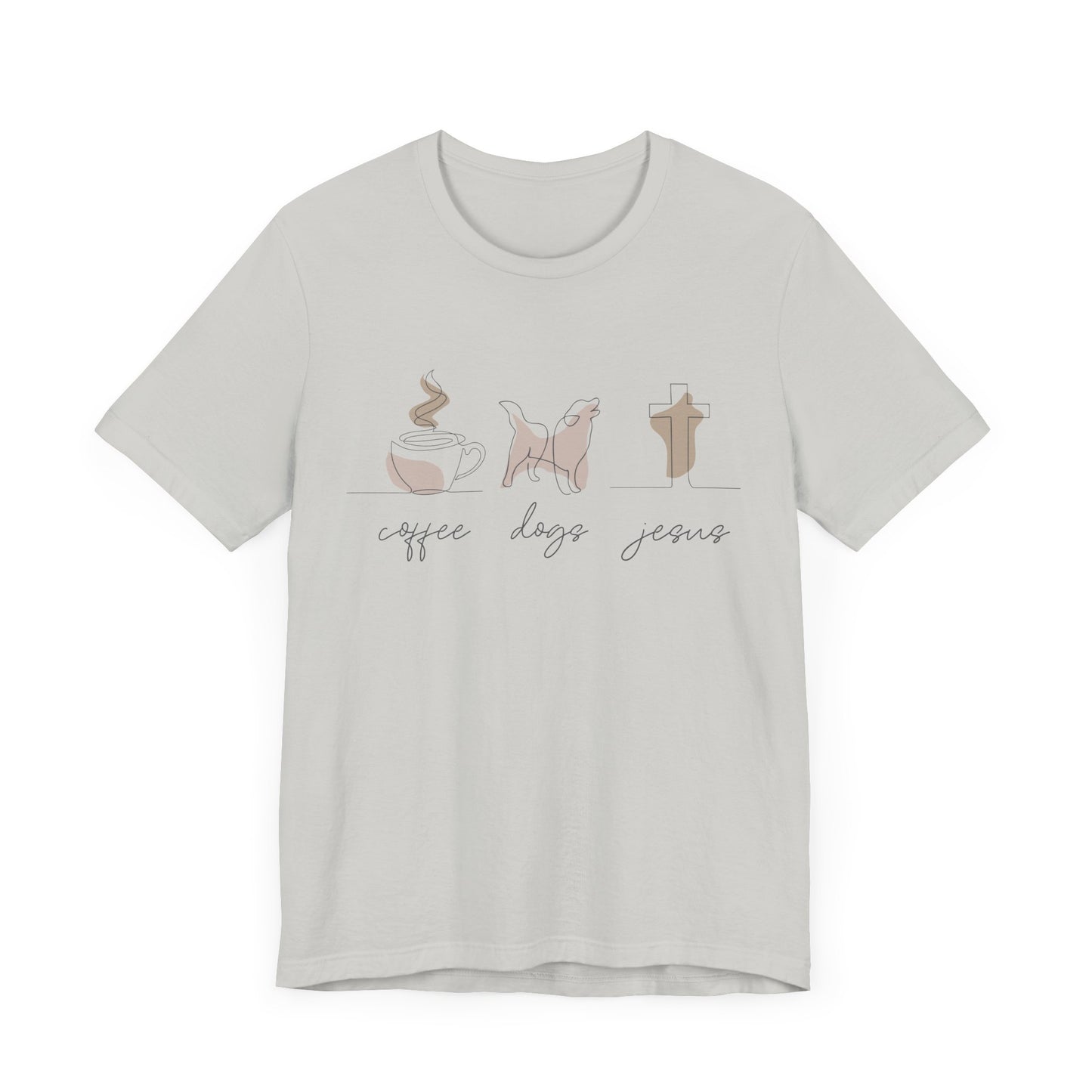 The light gray Coffee Dogs Jesus Tee from Printify, crafted from soft Airlume cotton, showcases minimalist illustrations of a steaming coffee cup, a dog, and a cross. Its ideal for those who blend coffee, dogs, and faith into their lives with style.