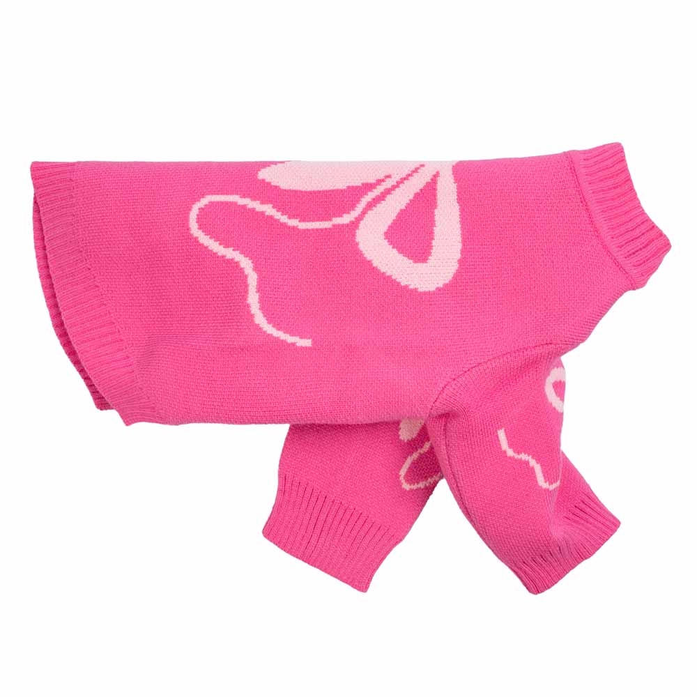 The Fitwarm Bowknot Dog Sweater is cute and stylish, featuring light pink abstract patterns with a cozy circular neckline, ribbed cuffs, and hem. Designed for a snug fit, this sweater is as comfortable as it is fashionable.