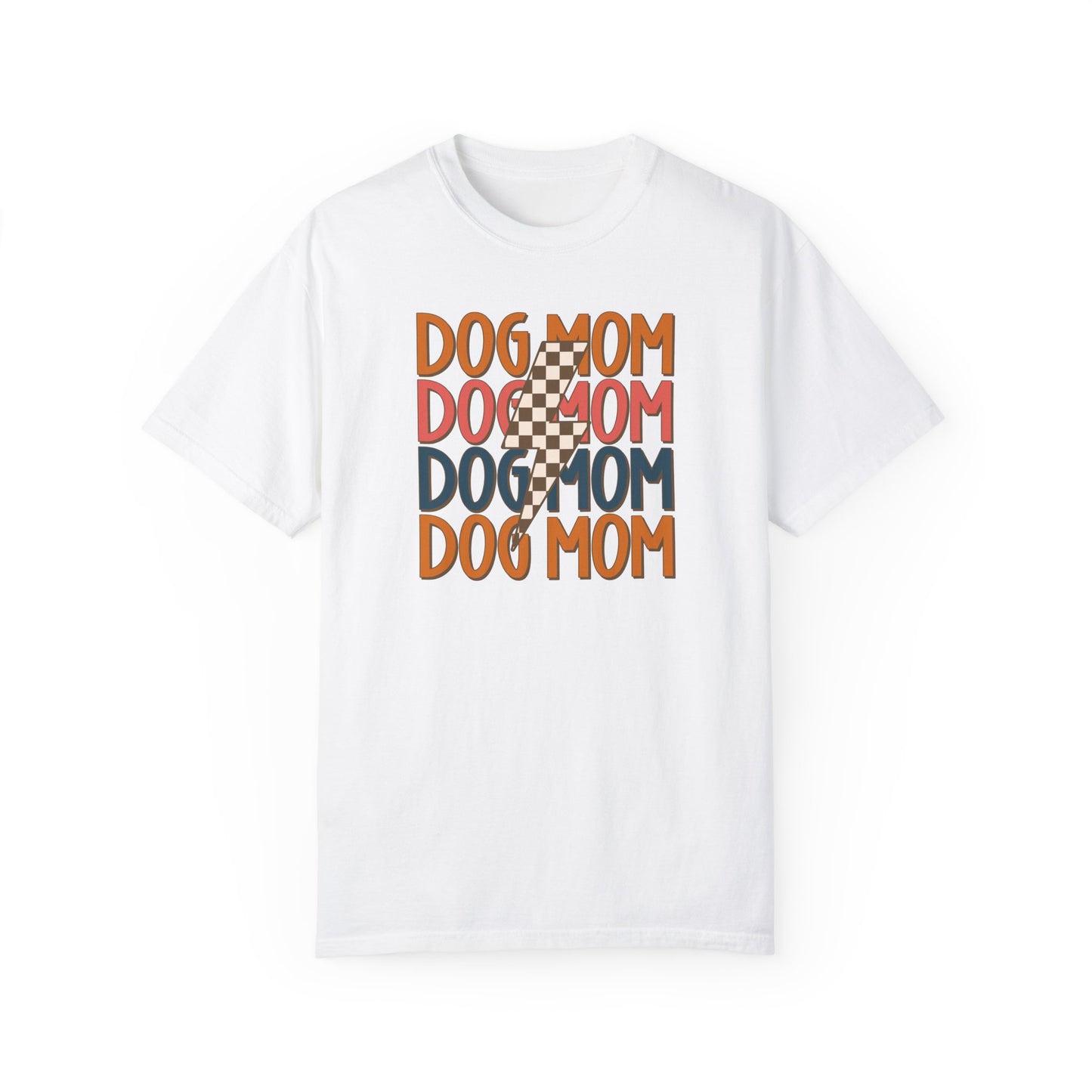 Show off your Dog Mom Energy with Banks + Coves Checkered Vibes Dog Mom Tee. This white retro tee features DOG MOM in wavy orange, red, blue, and green lettering with a trendy checkerboard design slicing through the middle for stylish dog moms.