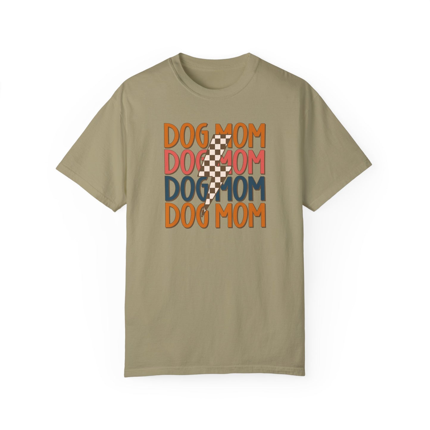 The Checkered Vibes Dog Mom Tee by Banks + Cove channels ultimate Dog Mom Energy with DOG MOM in bold, colorful letters and a playful checkered lightning bolt, perfect for trendy dog moms embracing style and spirit.