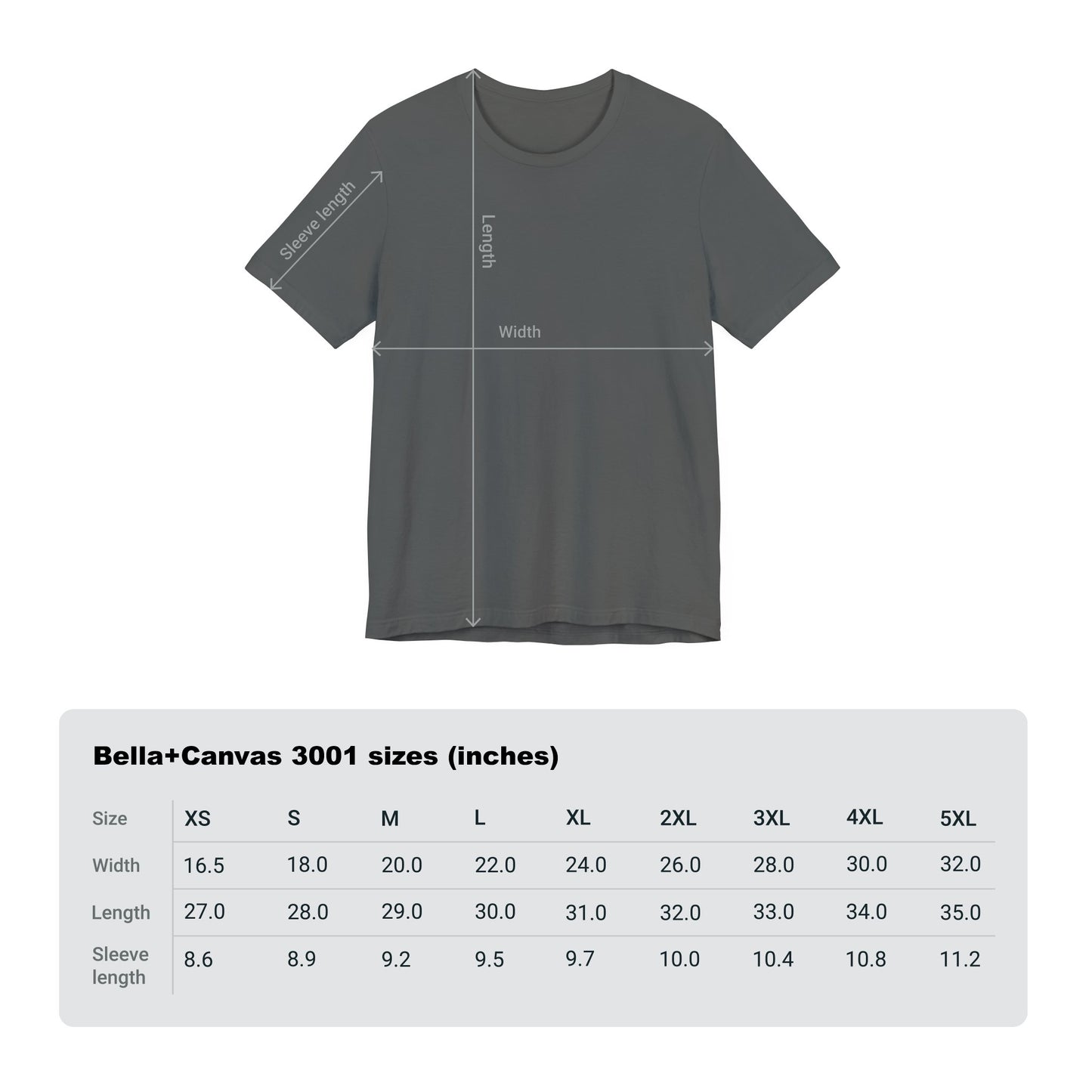 Displayed is a dark gray Im Only Talking to My Dog Today tee by Banks + Cove, perfect for dog lovers. The Bella+Canvas 3001 sizing chart provides detailed measurements in inches from XS to 5XL, making it an ideal gift for any occasion.