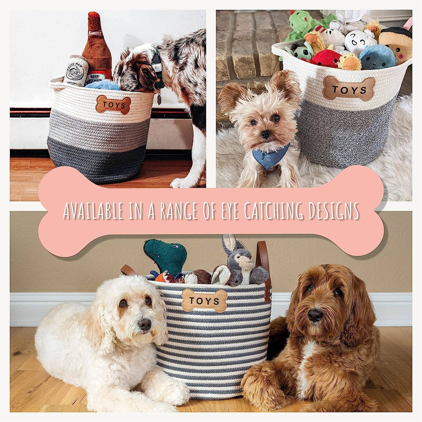 Three images feature dogs with Livra Pet Toy Baskets by Park Life Designs. The top left shows two dogs with a basket, the top right has a small dog beside one, and the bottom image shows two dogs lying next to a filled basket. Text reads, Available in eye-catching designs.