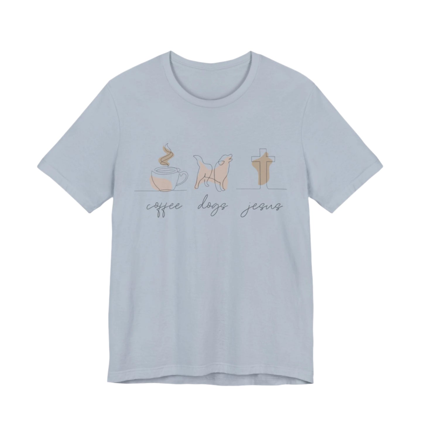 The Printify Coffee Dogs Jesus Tee, a unisex light blue short sleeve shirt, showcases charming designs of a coffee cup, dog, and cross with coffee, dogs, and Jesus elegantly scripted beneath. Made from soft Airlume cotton, it embodies the essence of coffee dogs faith.