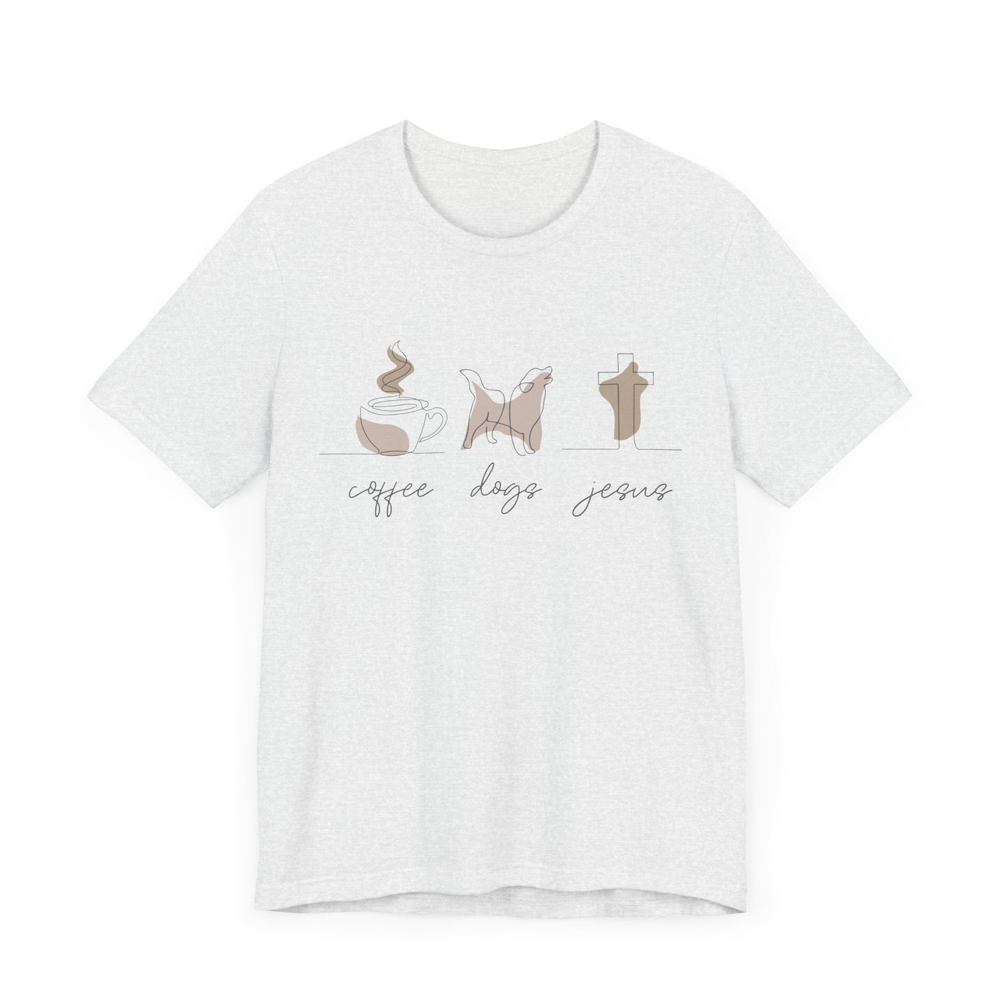 The Printify Coffee Dogs Jesus Tee, a unisex short sleeve shirt, is made from premium Airlume cotton. It features a white design with icons of a coffee cup, dog, and cross, along with the words coffee, dogs, and faith in stylish script.