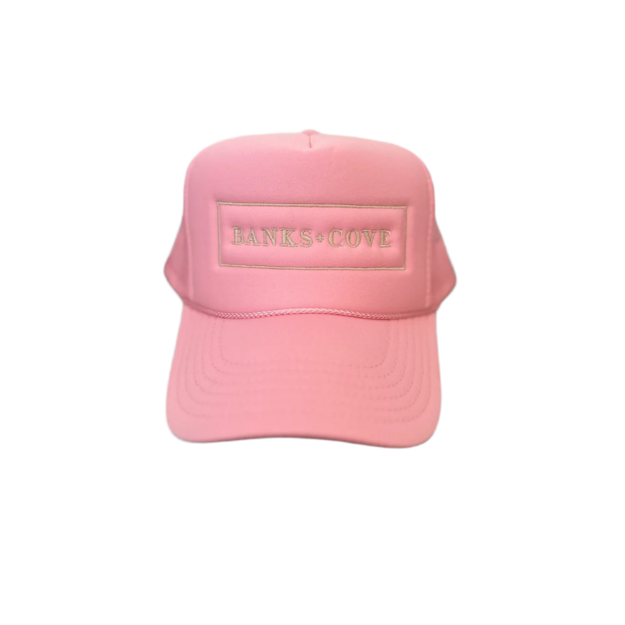 The Pink Banks+Cove Trucker Hat by Banks + Cove is perfect for animal lovers, featuring a BANKS & COVE embroidery on the front. It boasts a curved bill and snapback closure against a plain light background.