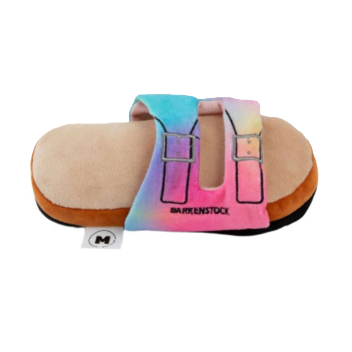 A plush slipper shaped like a sandal with a rainbow strap design and the word "Barkinstock" on the side, resting on a white background.