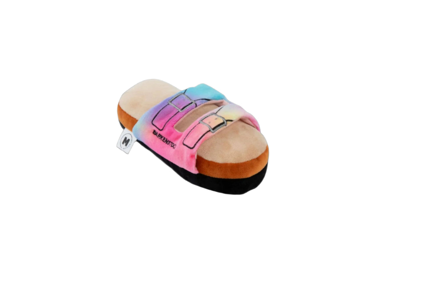 The Barkenstock Rainbow Sandal Toy by Muttzie is a paw-some plush shaped like a sandal, featuring brown soles and colorful straps in pink, blue, and yellow.