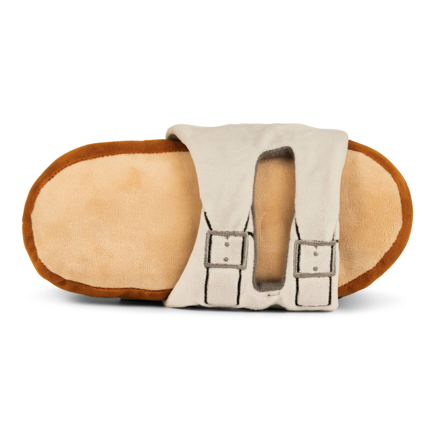 Introducing the Muttzie Barkenstock Sandal Toy: a plush beige shoe-shaped delight with two buckles, crafted from soft, textured fabric. This slip-on plaything includes a fun double squeaker to entertain your pet for hours.