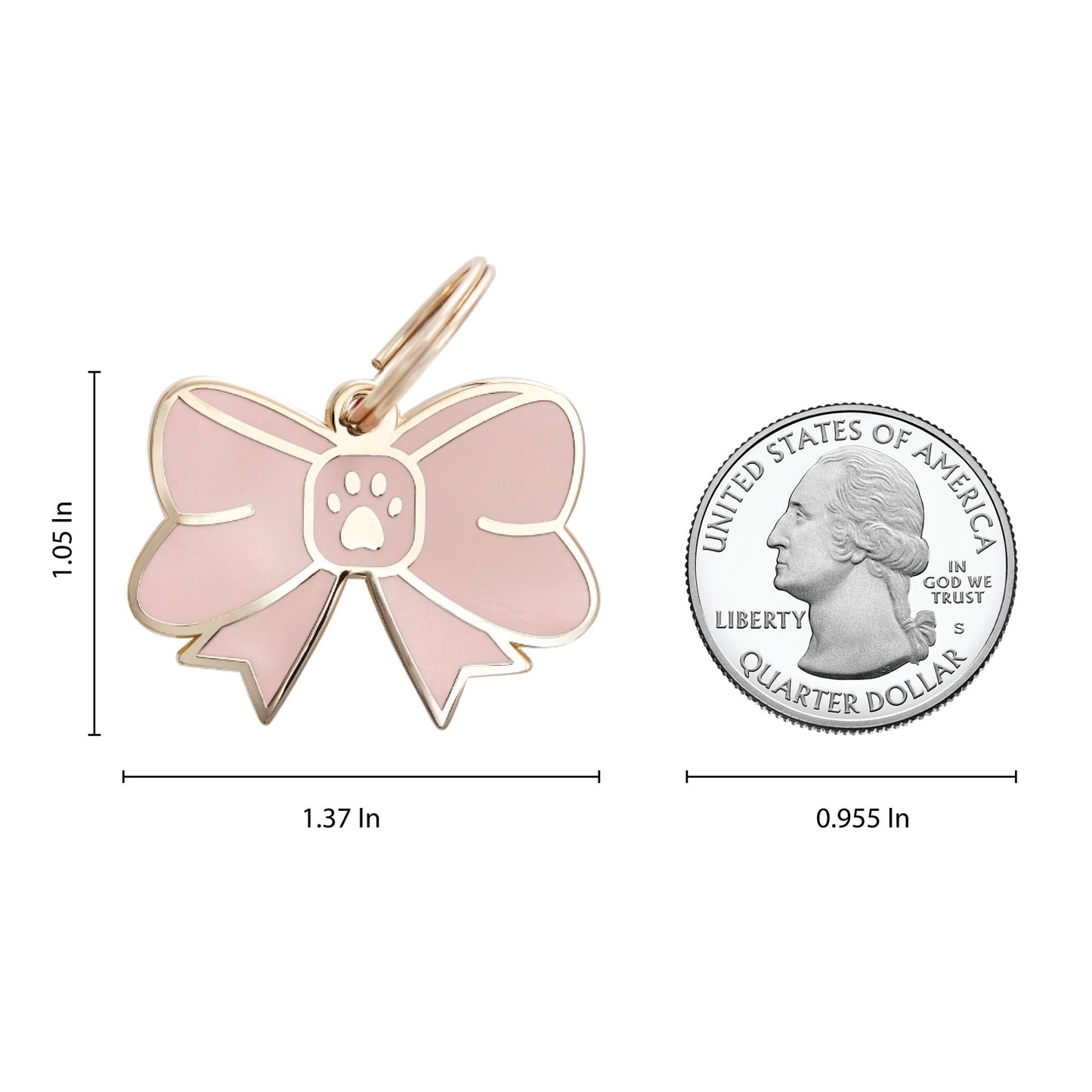 The Bow Collar Charm by Two Tails Pet Company is a pink, bow-shaped pet ID tag with a paw print center. It measures 1.37 inches wide by 1.05 inches tall, shown with a quarter (0.955-inch diameter) for scale—an ideal stylish pet accessory!.