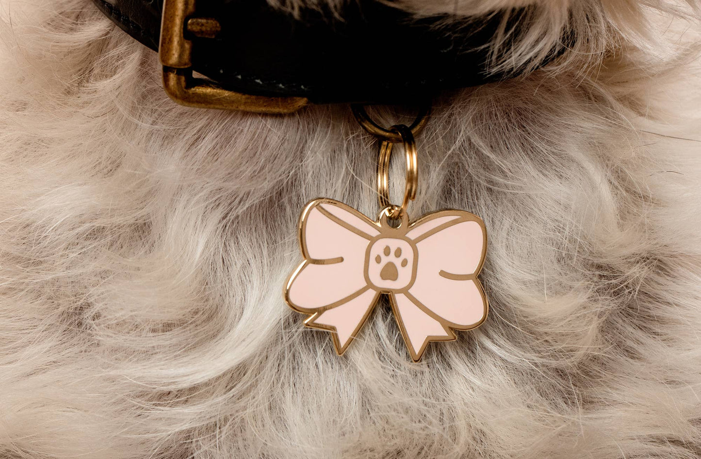 A close-up of a fluffy dogs neck showcases a stylish accessory: a black collar with a gold buckle featuring the Bow Collar Charm from Two Tails Pet Company, shaped like an adorable pink bow with a paw print design at the center.