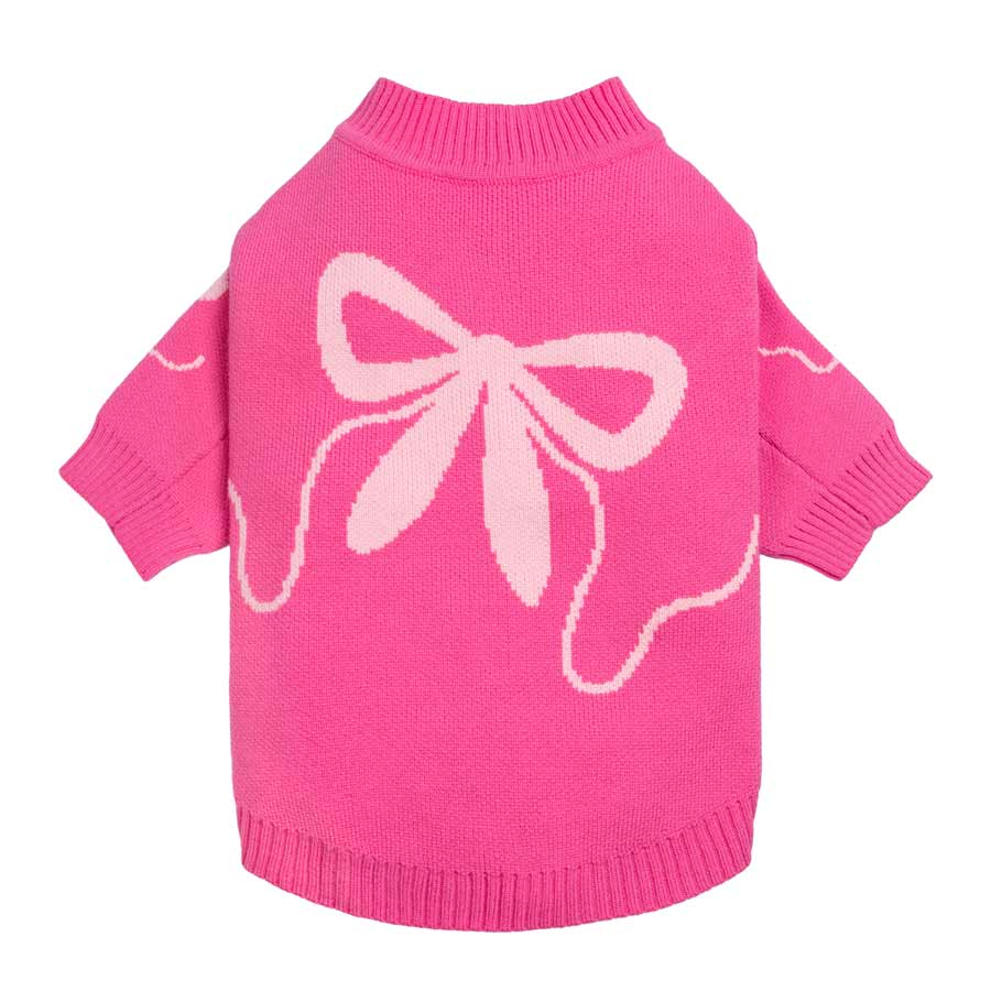 Fitwarms Bowknot Dog Sweater features an adorable bowknot pattern on the back, complemented by ribbed cuffs, hem, and collar in pink for a snug fit.