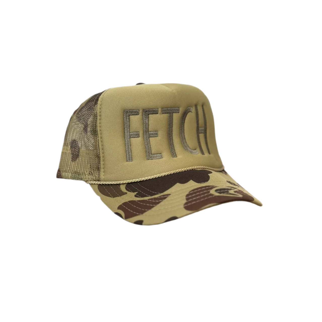 The Banks + Cove Camo Fetch Trucker Hat showcases FETCH in bold, ideal for fetch games with pets, and features a mesh back with a green and brown camo pattern.