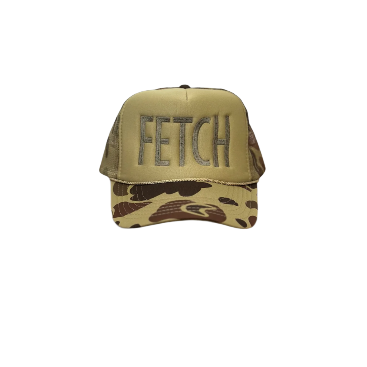 The Banks + Cove Camo Fetch Trucker Hat boasts a khaki and camo design with FETCH embroidered on the front, ideal for playing with furry friends. Showcased on a white background, it merges style and practicality seamlessly.