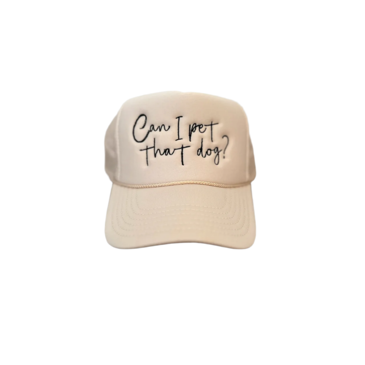 The Can I Pet That Dog? Trucker Hat by Banks + Cove features beige color and the embroidered text, set against a light gray background, making it ideal for dog lovers.