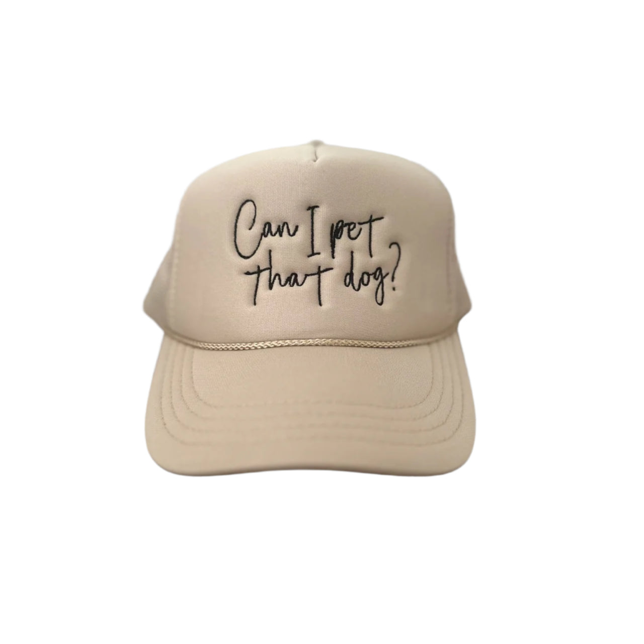 The Banks + Cove Can I Pet That Dog? youth trucker hat is a beige baseball cap perfect for animal lovers, featuring the phrase embroidered in black on the front. It includes a curved brim and adjustable back strap, making it adventure-ready with furry friends.