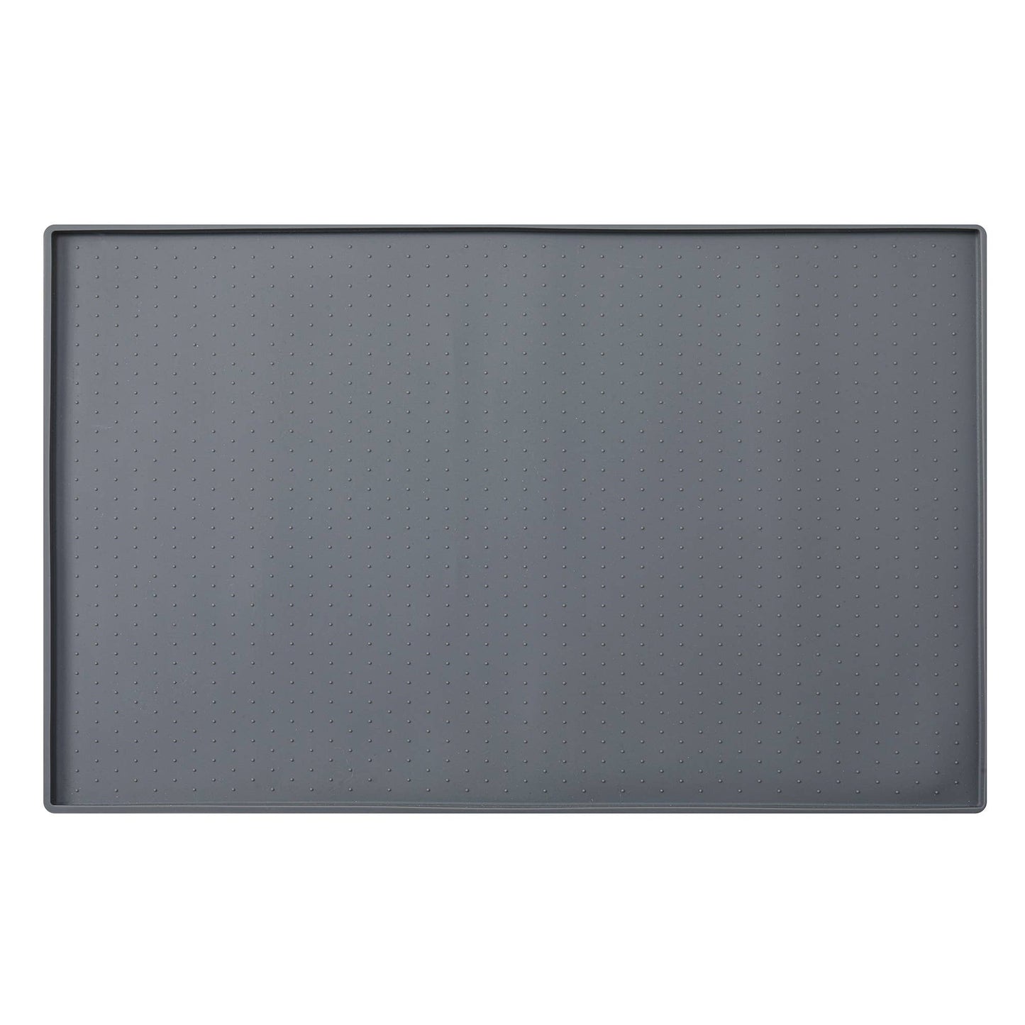 The Silicone Mess Free Pet Placemat by Park Life Designs is a rectangular, dark gray mat with small raised dots for stability, doubling as a non-slip baking mat. Its sleek design ensures practicality on any surface, highlighted by a plain white backdrop.