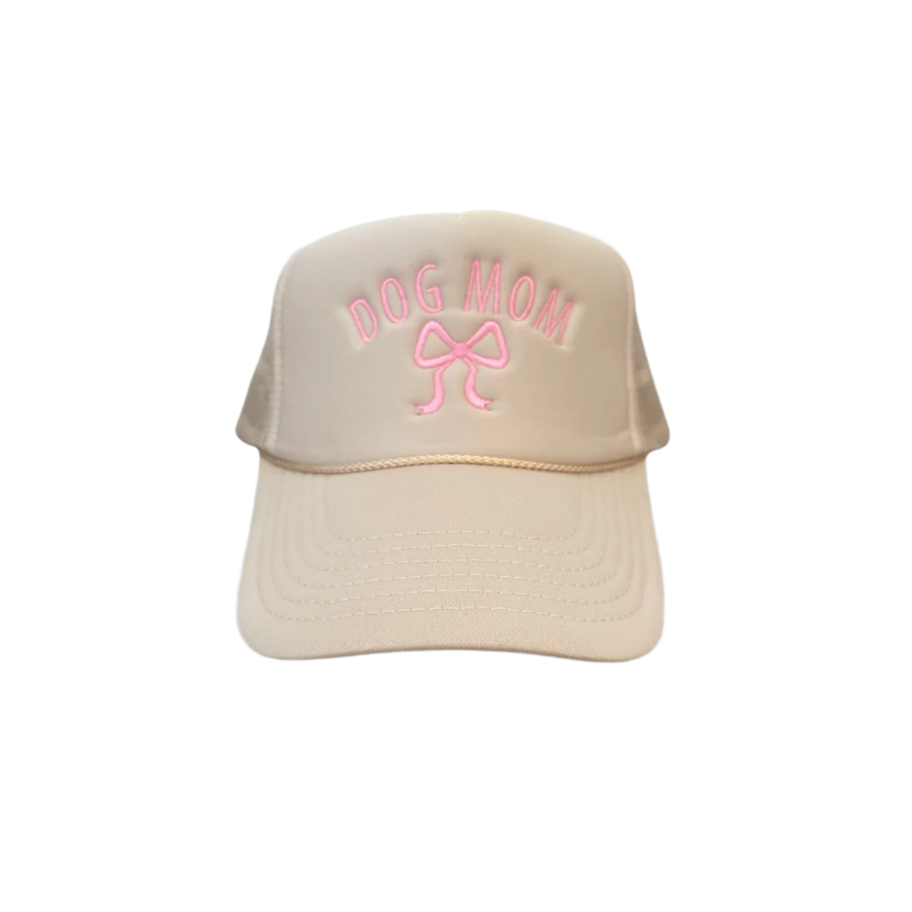 The Banks + Cove Dog Mom Bow Trucker Hat, embroidered with Dog Mom and a pink bow on the front, is displayed against a plain white background, ideal for dog lovers.