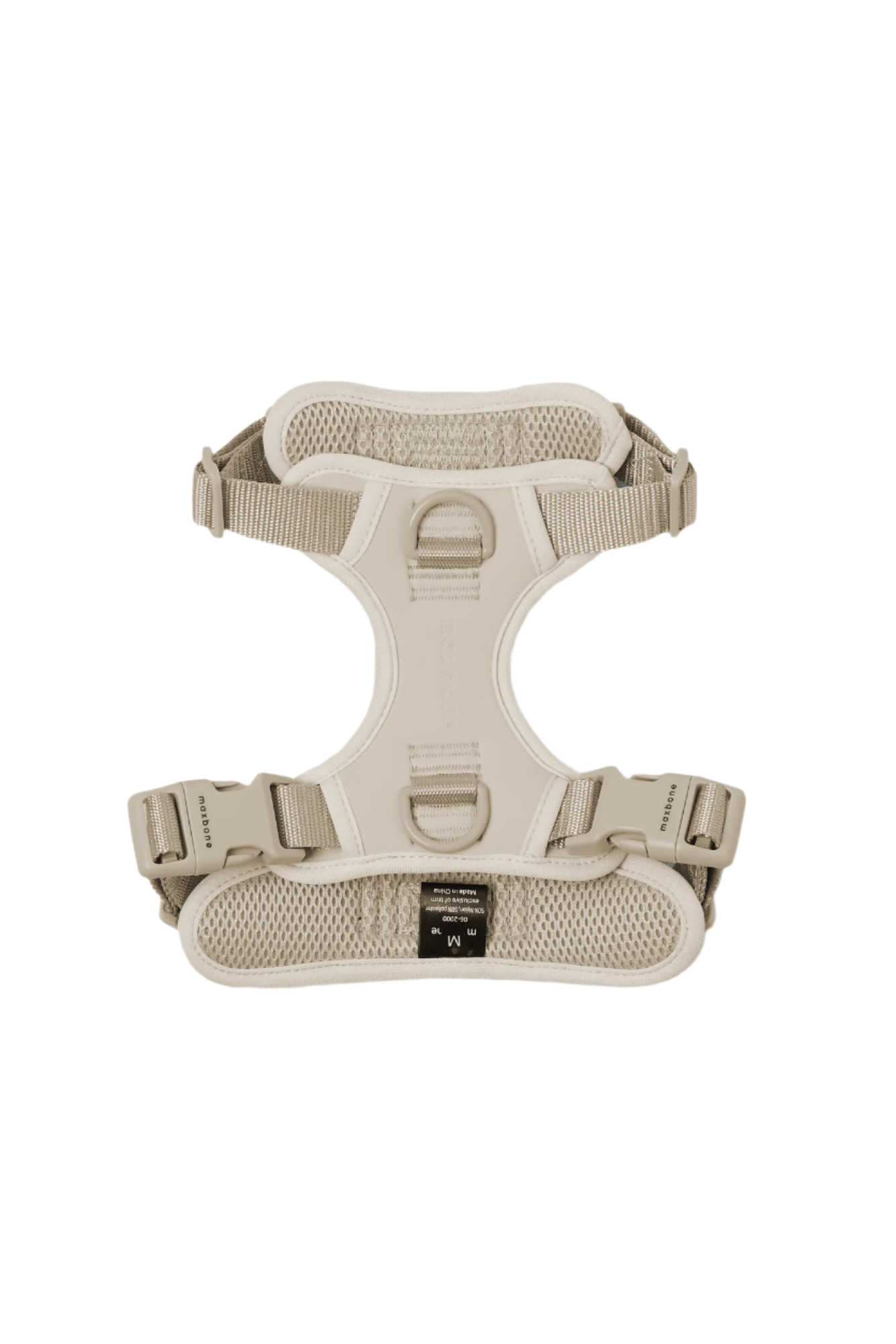 The maxbone Double Panel Harness for Dogs is a beige neoprene design featuring adjustable straps and buckles, a breathable mesh, a label, and a sturdy top handle for better control.