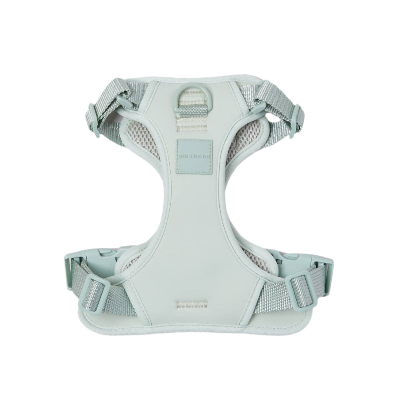 The maxbone Double Panel Harness for Dogs is light gray, featuring a double panel design with adjustable straps and a handy top handle. Made of fabric with neoprene mesh padding, it includes sturdy buckles and metal rings for secure leash attachment.