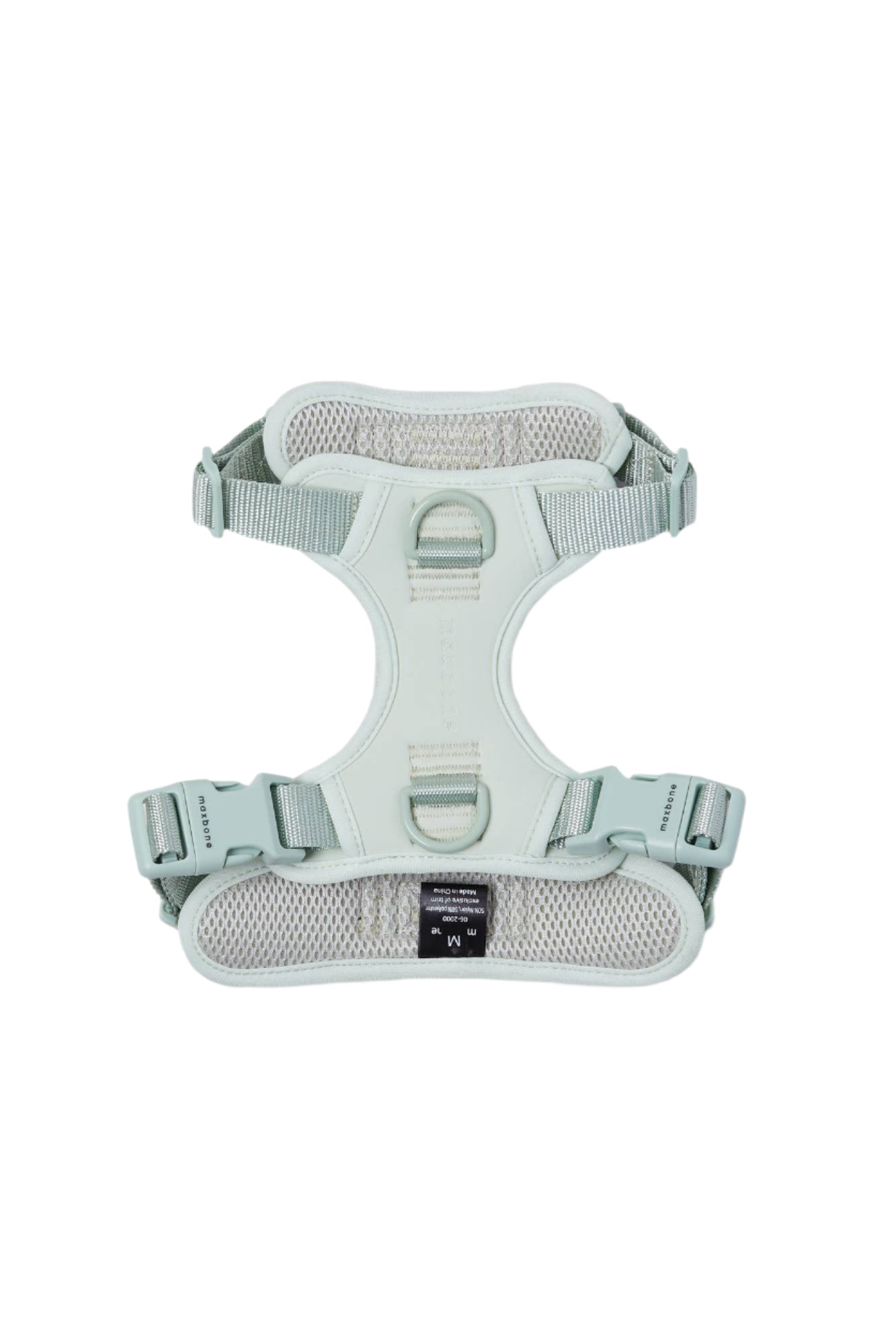 The maxbone Double Panel Harness for Dogs is light gray neoprene with adjustable buckles and mesh fabric. Its design includes reinforced stitching and a front label, ensuring comfort and durability for walking or training.