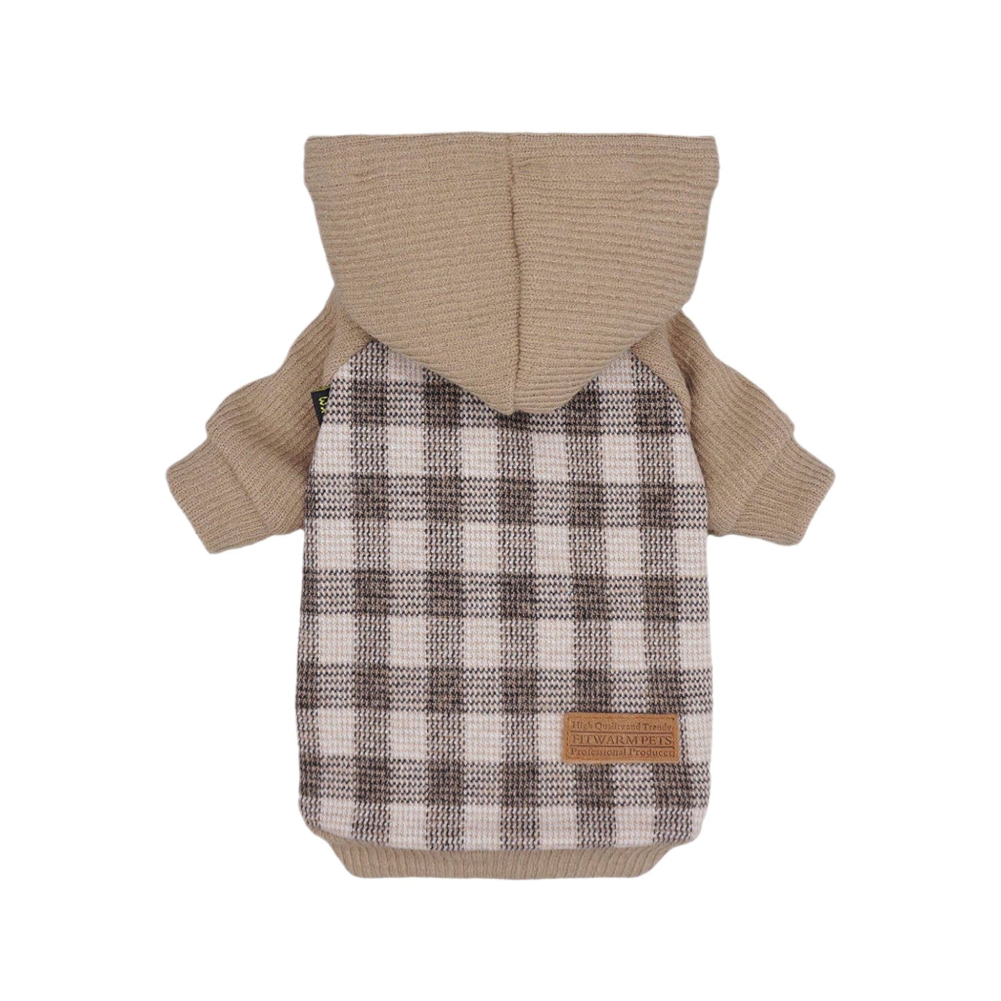 The Fitwarm Plaid Sweater Hoodie for dogs is a small pullover with hood and short sleeves, featuring an elegant beige, white, and gray checkered pattern. It includes elastic ribbing for a snug fit and a brown leather label at the bottom.
