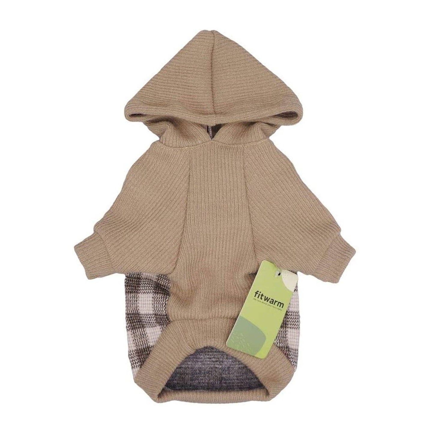 The Plaid Sweater Hoodie by Fitwarm is a beige pullover pet hoodie with plaid details, a small hood, and brand labeling. Designed for style and comfort with ribbed elastic fabric, it offers coziness to your furry friend.