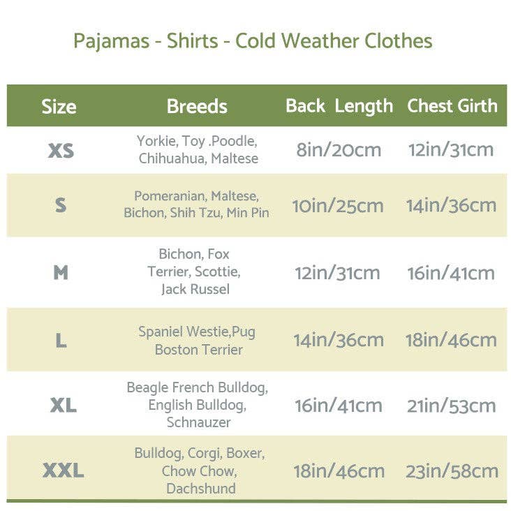 Explore Fitwarms size chart for the Plaid Sweater Hoodie with hidden leash attachment: XS (8in back, 12in chest), S (10in back, 14in chest), M (12in back, 16in chest), L (16in back, 18in chest), XL (20in back, 22in chest), XXL (23 in back). Perfect for cold weather!.