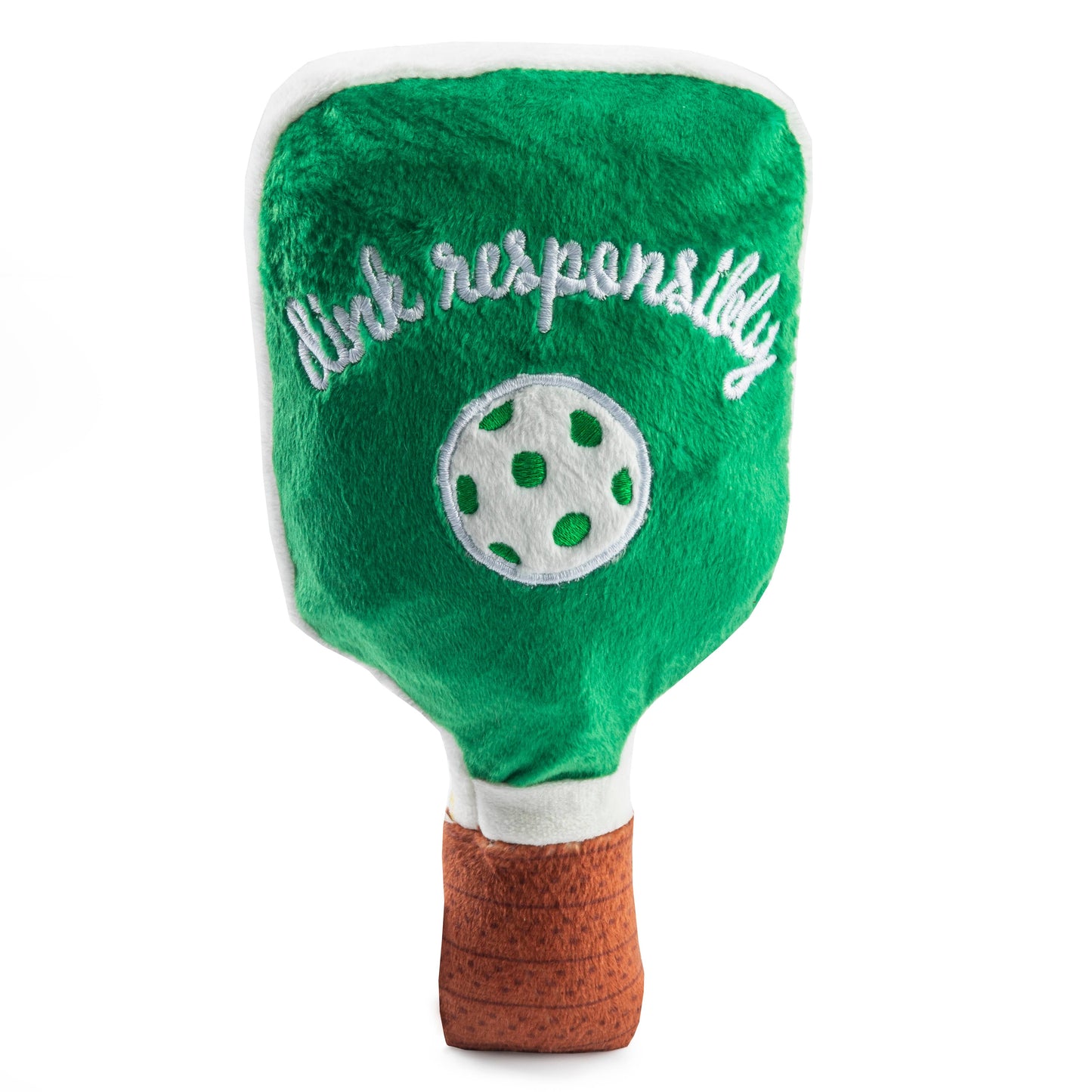 The Green Stripe Pickleball Paddle by Haute Diggity Dog is a plush toy with dink responsibly embroidered. It has green stripes, a brown wood-like handle, and a white center with green dots—ideal for providing squeaky fun for dogs!.