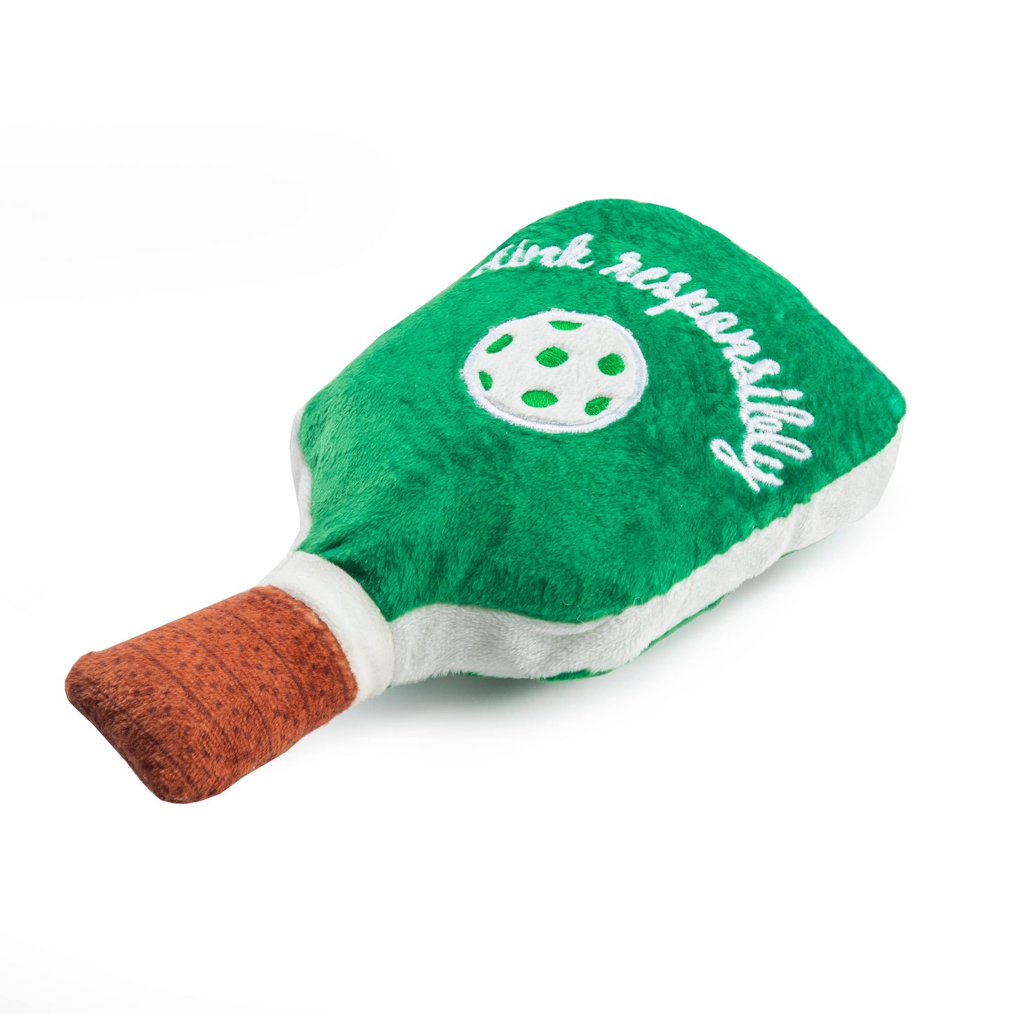 The Haute Diggity Dog Green Stripe Pickleball Paddle is a plush toy shaped like a green striped paddle with dink responsibly embroidered in white. It has a brown handle mimicking a classic paddle grip, making it perfect for playful pups.