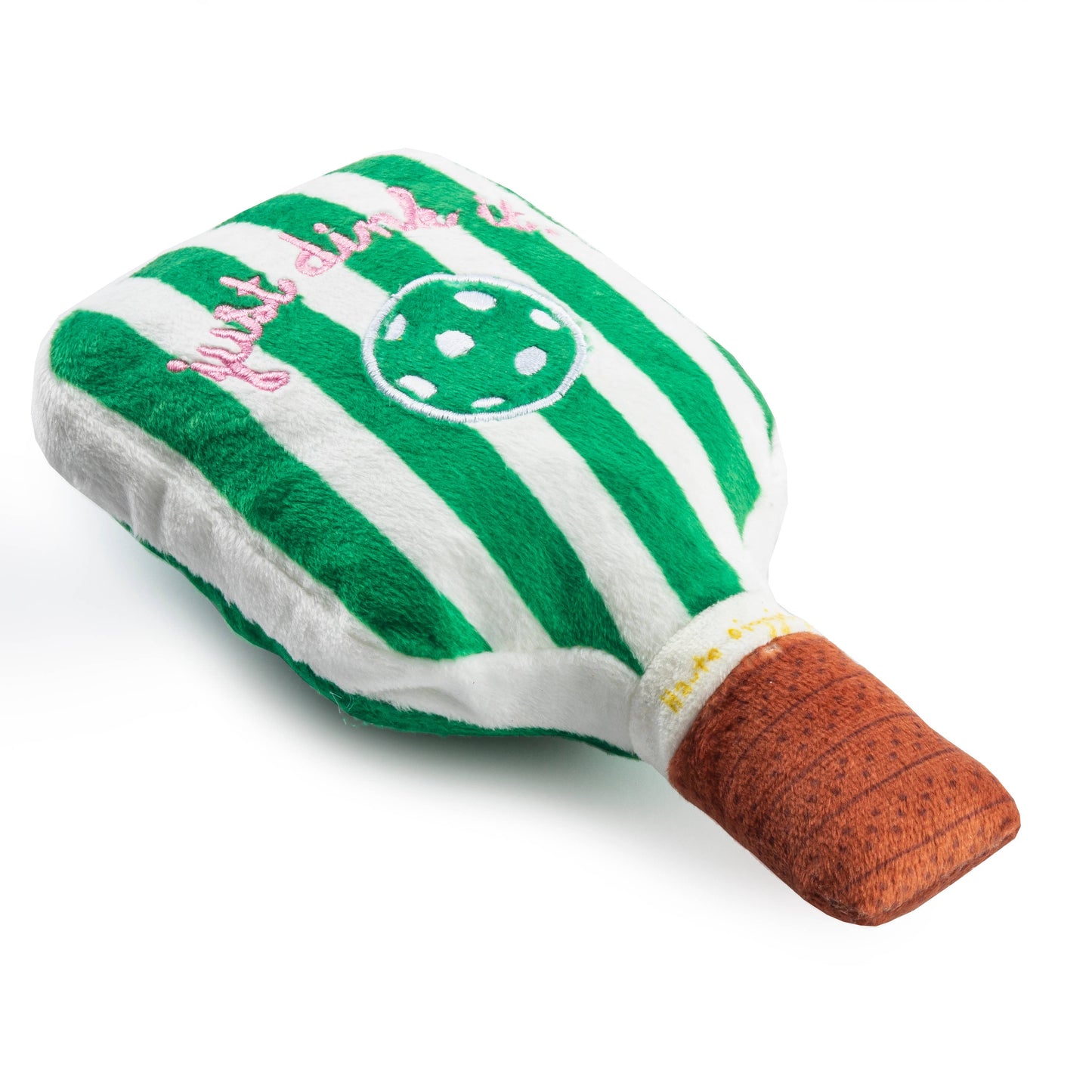 The Green Stripe Pickleball Paddle by Haute Diggity Dog is a squeaky plush toy resembling a pickleball paddle with green stripes and Just dink it embroidered. It features a textured brown handle, perfect for playful pups!.