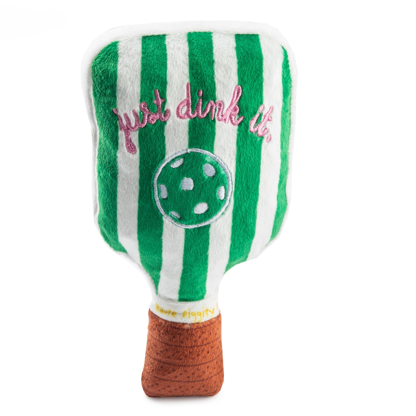 A green plush pickleball paddle with "dink responsibly" embroidered on it, featuring a green dotted circle in the center.
