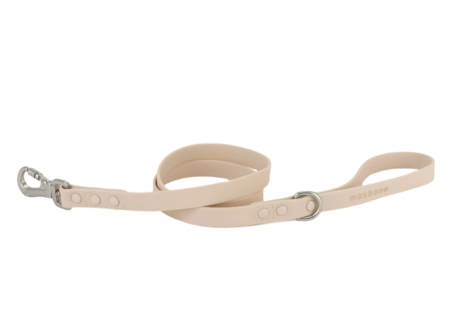 The Hazel Leash for Dogs by maxbone is a beige dog leash with a metal clasp and circular zinc alloy ring. It features durable webbing coiled with maxbone on the handle.