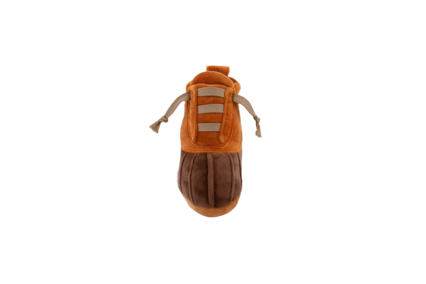 The LL Bark Boot Toy by Muttzie is a brown and orange plush shoe with a rounded tip, soft laces, and a hidden squeaker. Its perfect for adventurous pets! Seen from above against a white background.