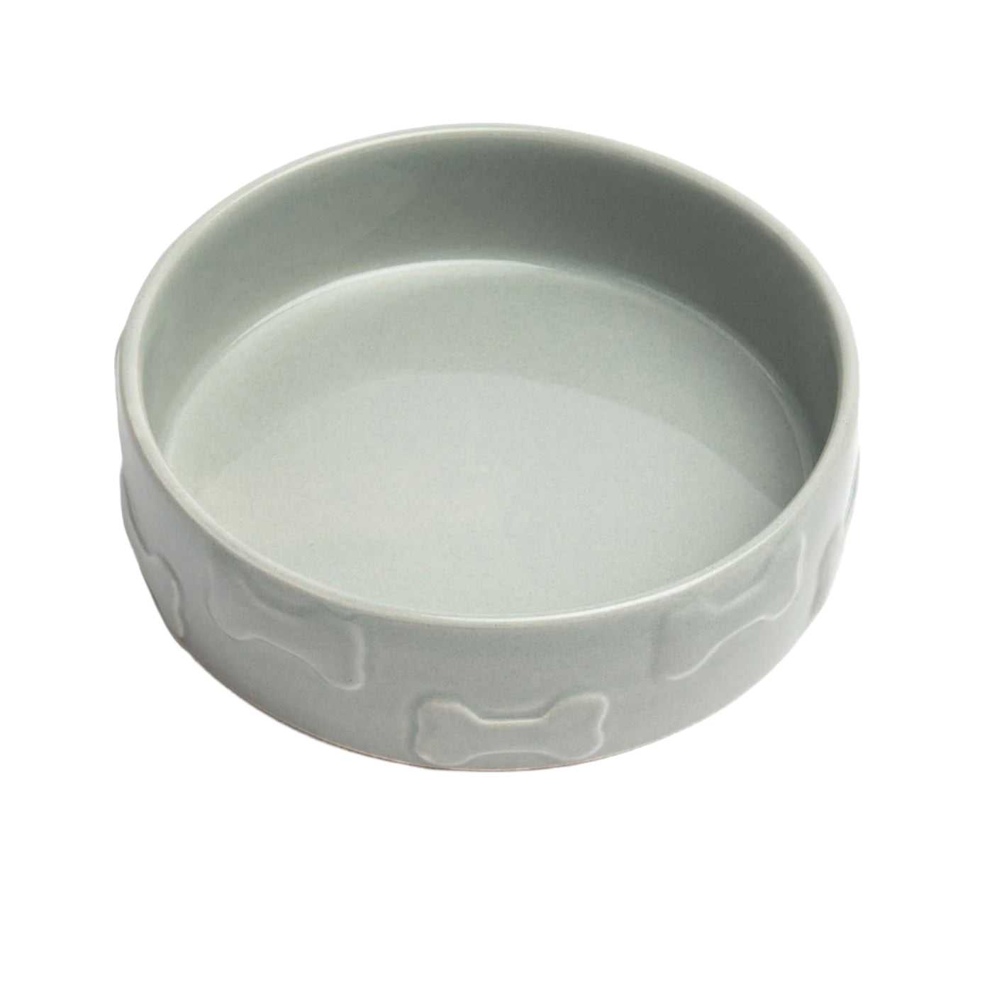The Manor Grey Pet Bowl by Park Life Designs is a round, premium-quality ceramic bowl with embossed bone shapes on a white background, bringing elegance to your pets feeding area.