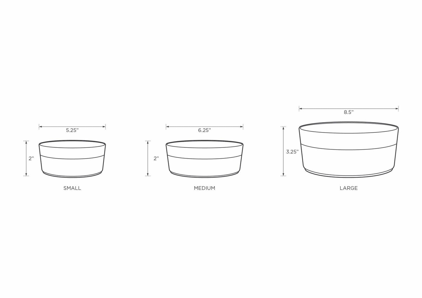 Line drawing of three ceramic cylindrical containers resembling designer pet bowls from Park Life Designs. Sizes include small (2 tall, 5.25 diameter), medium (2 tall, 6.25 diameter), and the Manor Grey Pet Bowl in large (3.25 tall, 8.5 diameter).