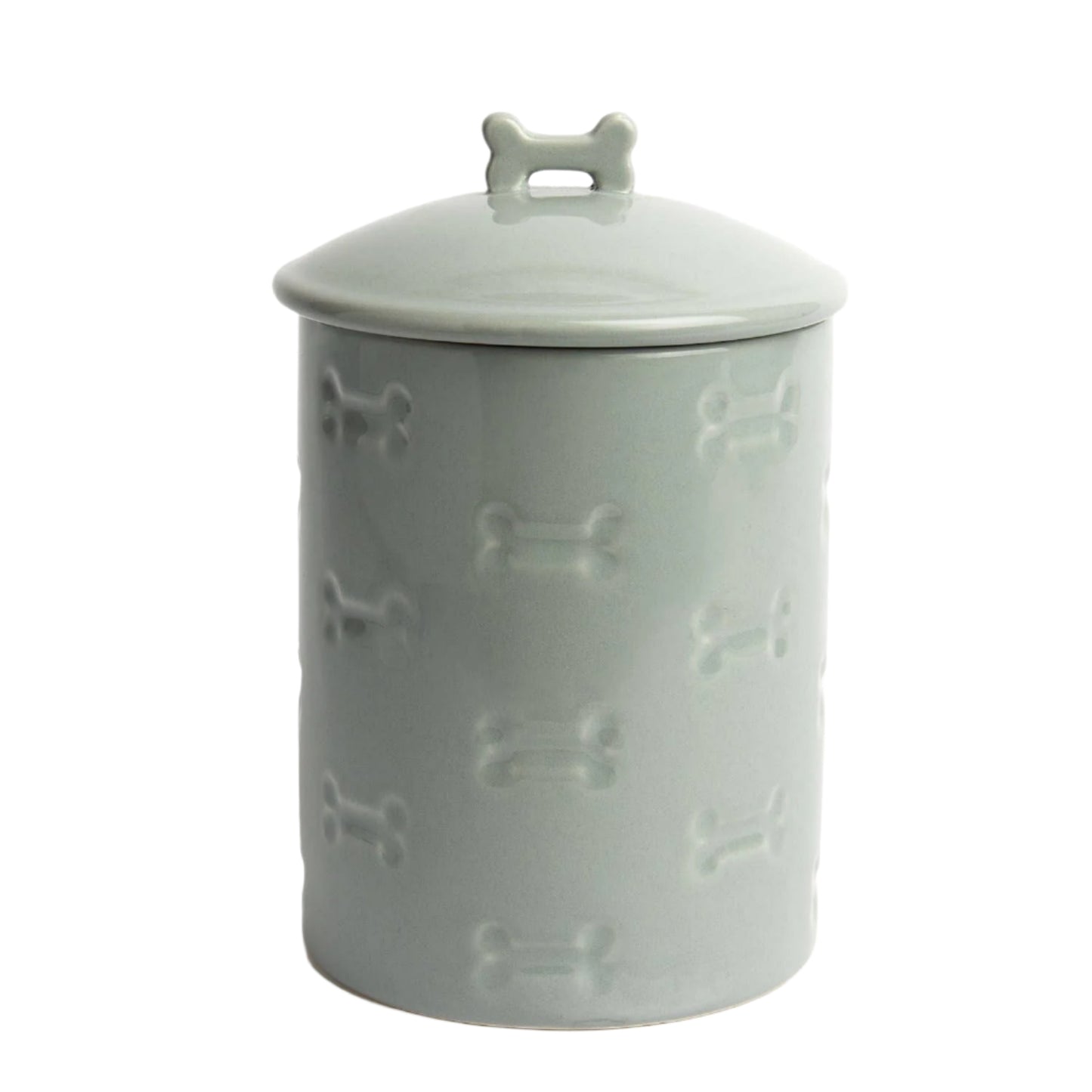 The Park Life Designs Manor Grey Treat Jar is a light gray ceramic container with a lid featuring a bone-shaped handle, embossed with bone designs. It includes an airtight silicone seal to keep treats fresh, making it ideal for pet lovers.