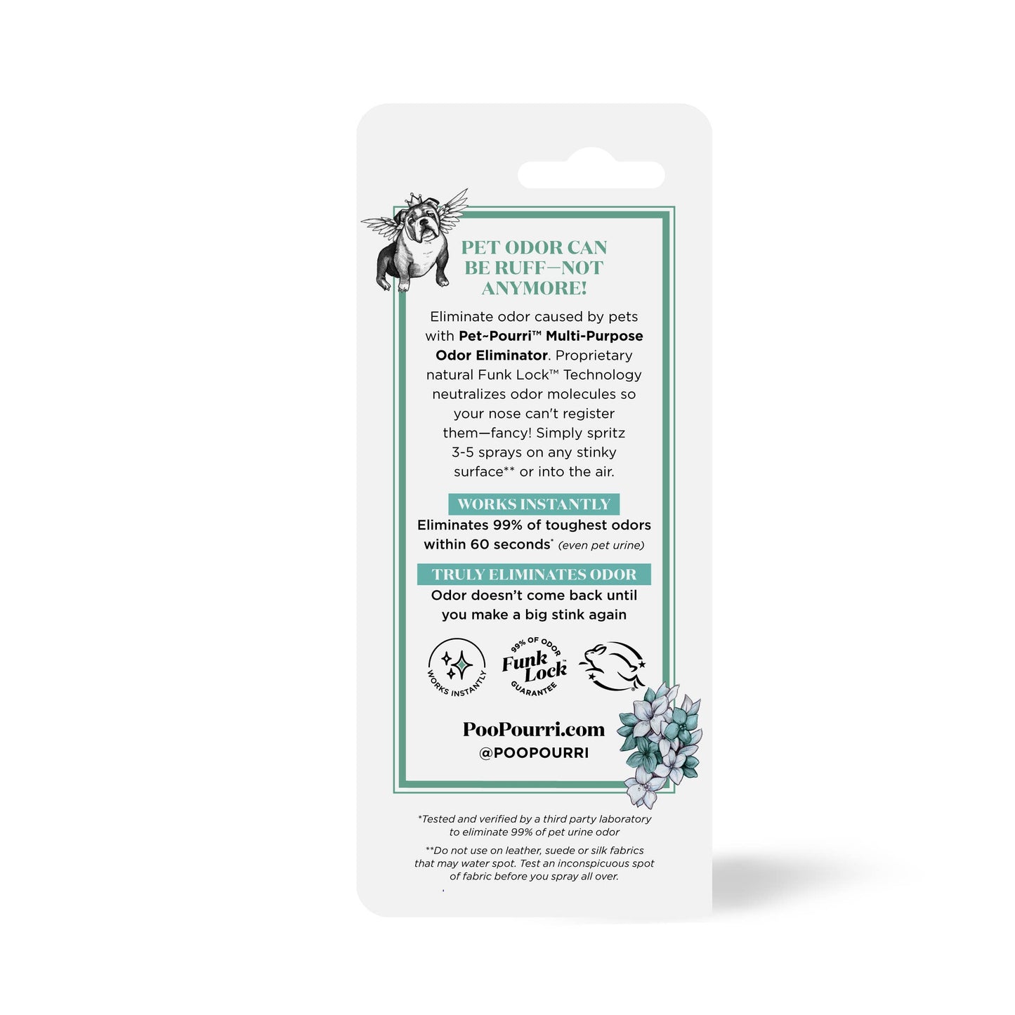 The back of the Pet~Pourri Pawsitively Fresh Air+Fabric Odor Refresher 1.4oz package showcases its advanced Funk Lock technology, using pet-safe essential oils to combat odors. It features instructions, effectiveness details, and social media handles, adorned with charming illustrations for a fresh-smelling home.