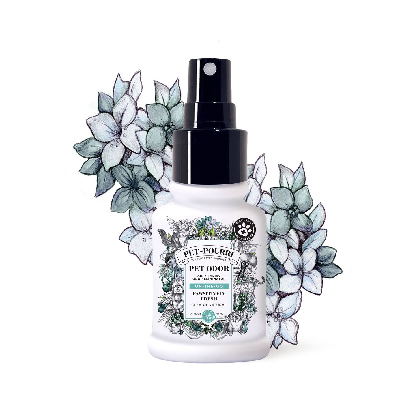 A white Pet~Pourri spray bottle labeled with Pet Odor and Pawsitively Fresh stands before succulent illustrations. It has green accents, a paw print icon, and contains pet-safe essential oils, serving as an effective air and fabric odor refresher. Brand: ~Pourri, 1.4oz.