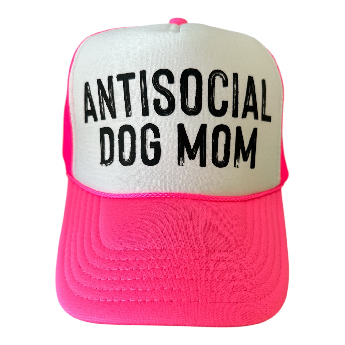 The Banks + Cove Antisocial Dog Mom Trucker Hat features pink and white panels with ANTISOCIAL DOG MOM in bold black letters—a stylish pick for dog moms who love their space.