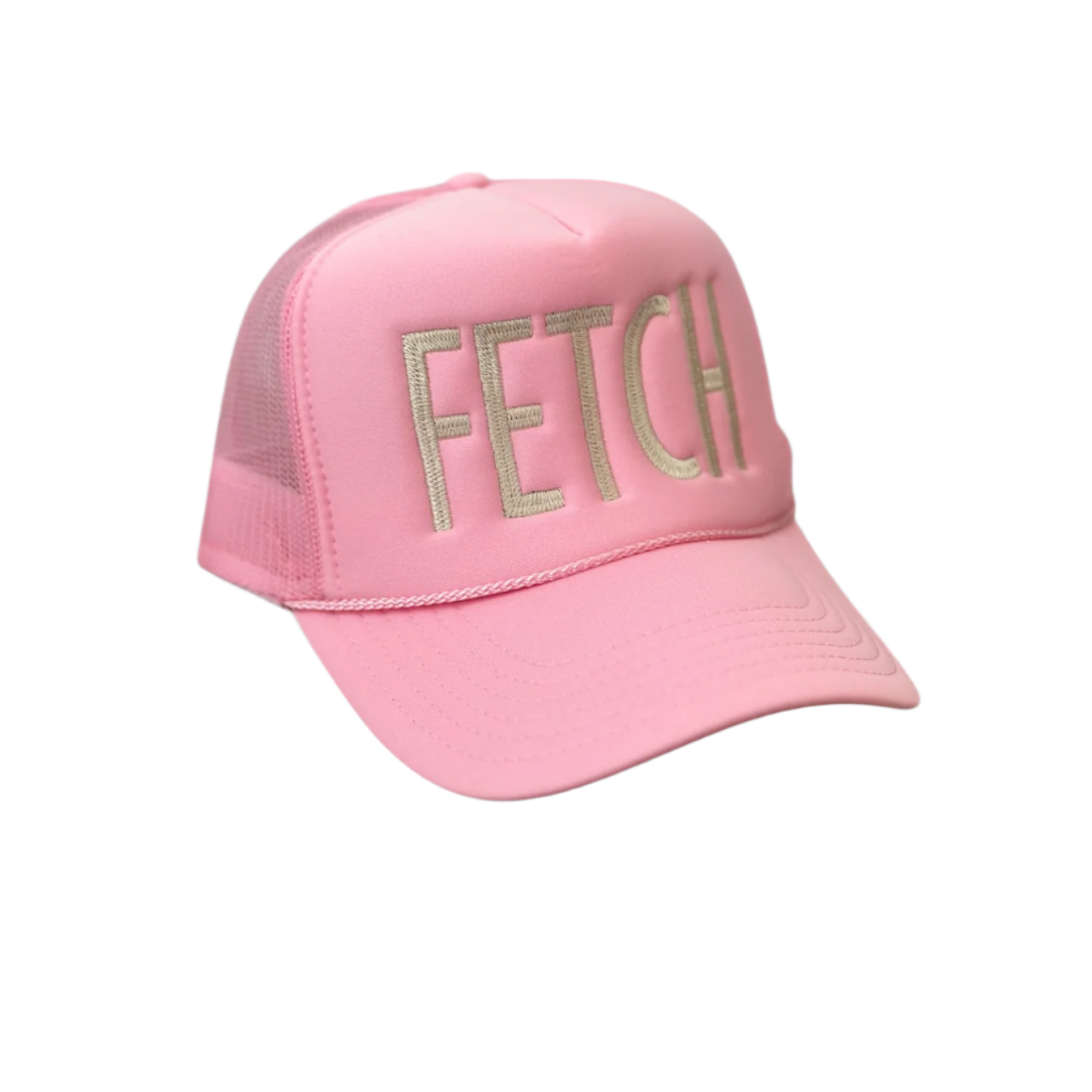 The Banks + Cove Fetch Pink Trucker Hat features mesh back detailing and FETCH in beige embroidery, perfect for pet parents who love pink.