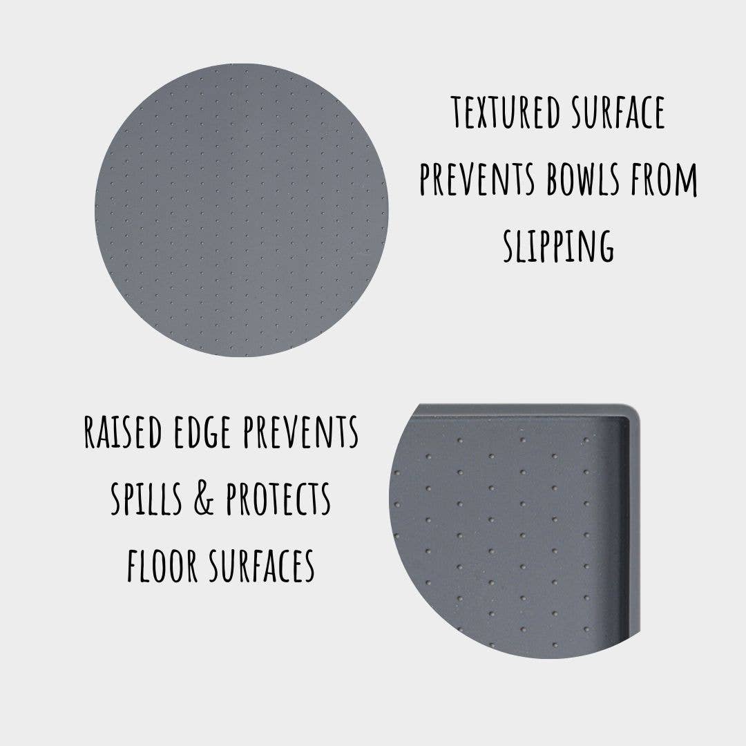Close-up of the round and corner section of Park Life Designs Silicone Mess Free Pet Placemat, showing the raised edge and dotted surface. Text reads: Textured surface prevents bowl slipping and Raised edge prevents spills & protects floors. This waterproof mat keeps floors pristine.