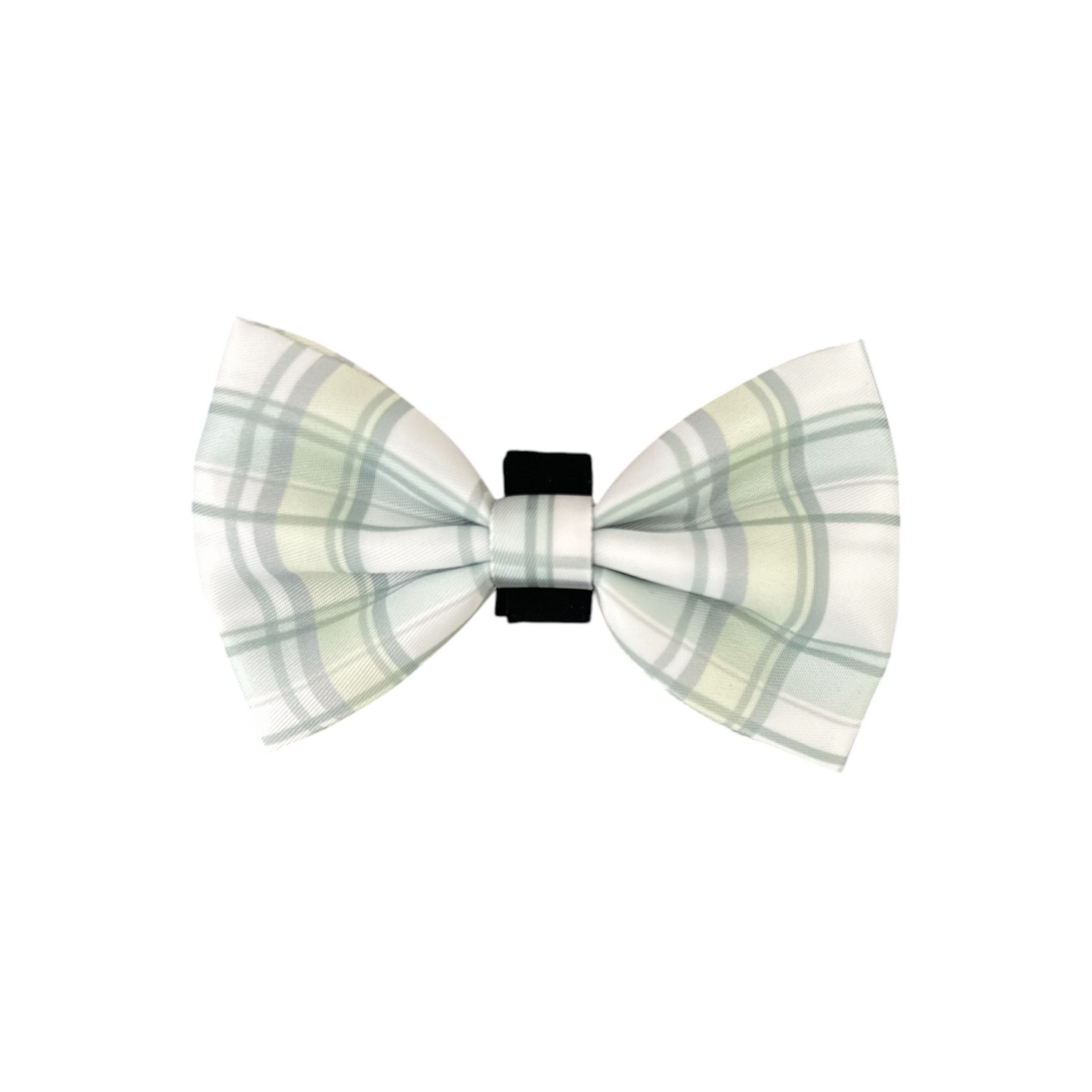 The Banks + Cove Plaid About You - Bow is a stylish plaid bow tie for your pets collar, featuring a light green, blue, and white pattern on a simple white background.