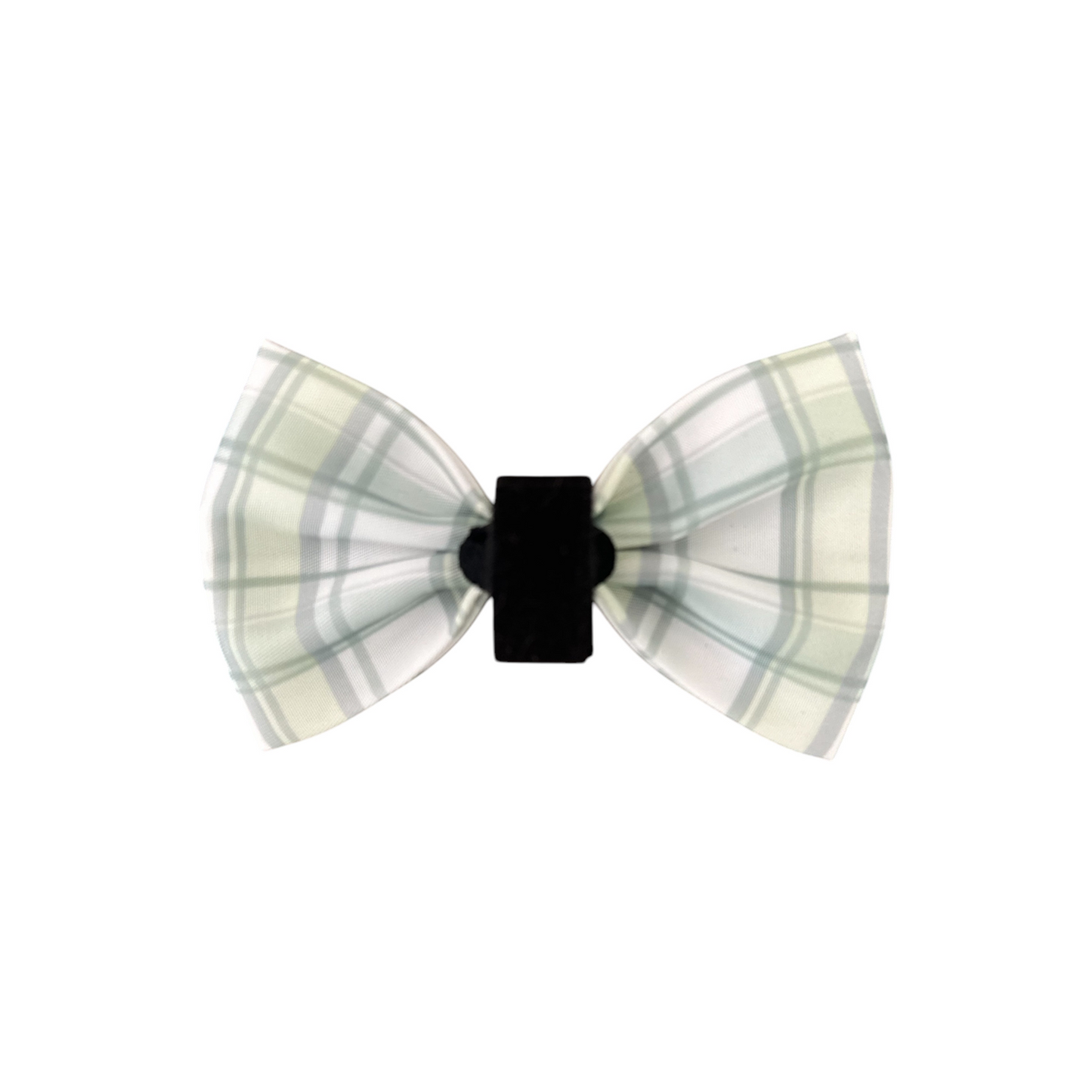 The Banks + Cove Plaid About You - Bow features a light green and white checkered pattern with a black center band, creating the charm of a dapper dog collar. Its neatly tied and centered against a plain white background.