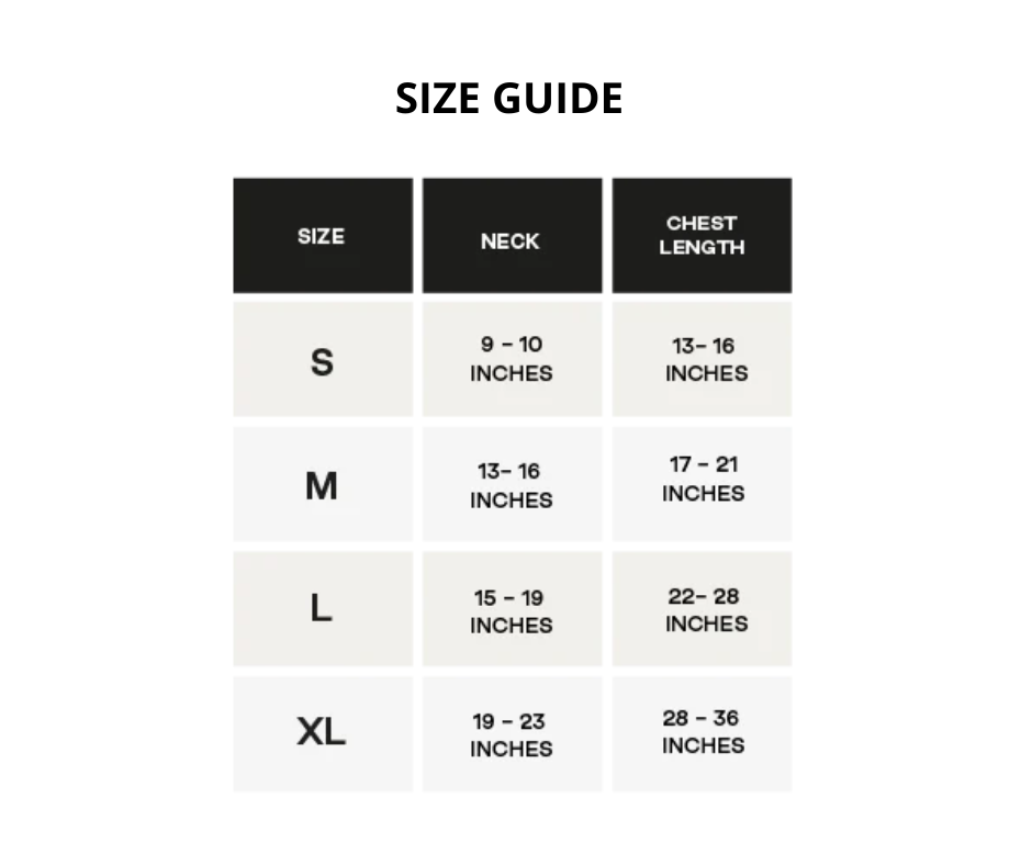 Explore our maxbone Double Panel Harness size guide with neck sizes: S (9-10), M (13-16), L (15-19), XL (19-23) and chest sizes: S (13-16), M (17-21), L (22-28), XL (28+). The double panel design ensures enhanced comfort.