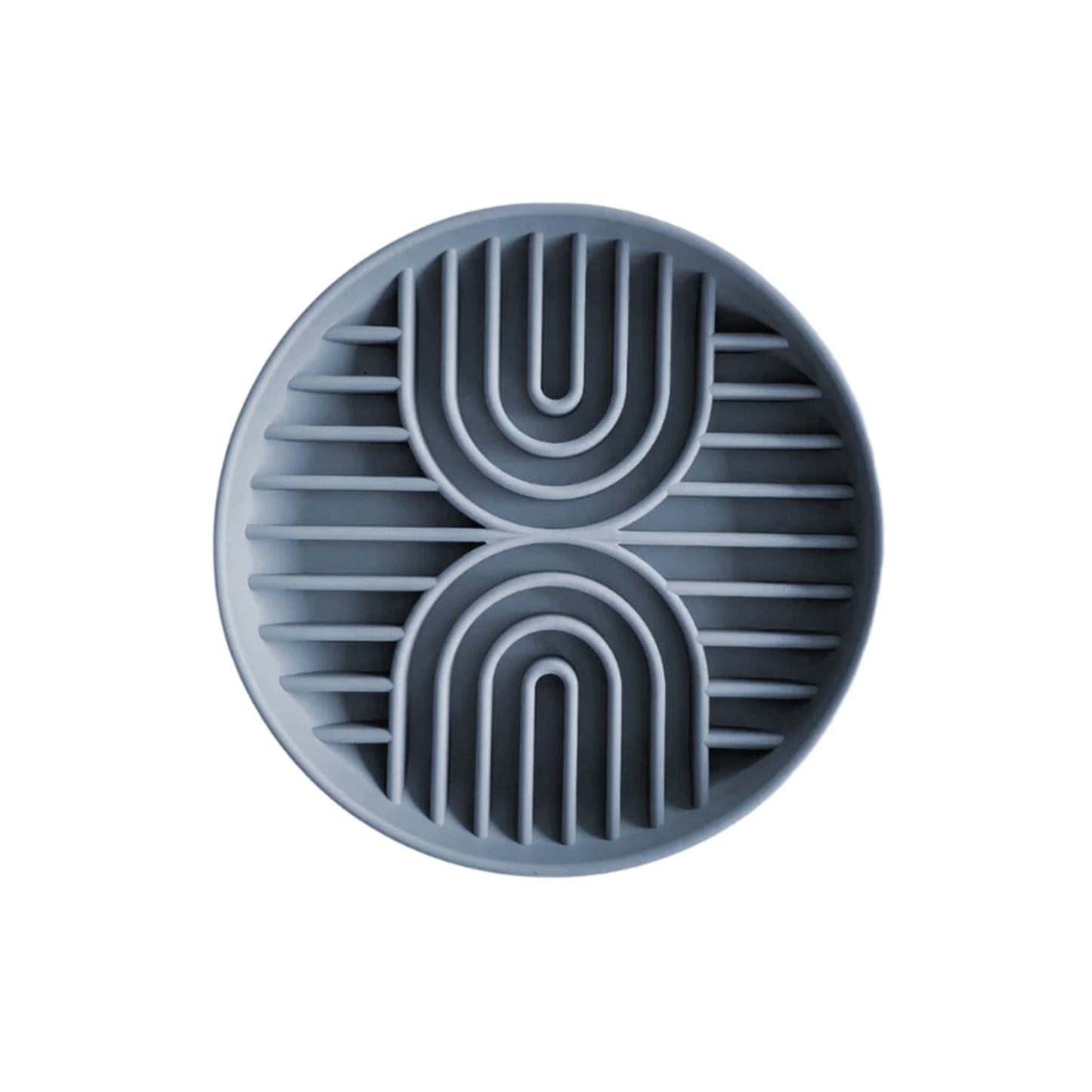 The Banks + Cove Double Rainbow Slow Feeder is a circular grey tray with a modern geometric pattern of concentric arches and mirrored U-shaped designs that support pet health by offering a symmetrical, sophisticated look.