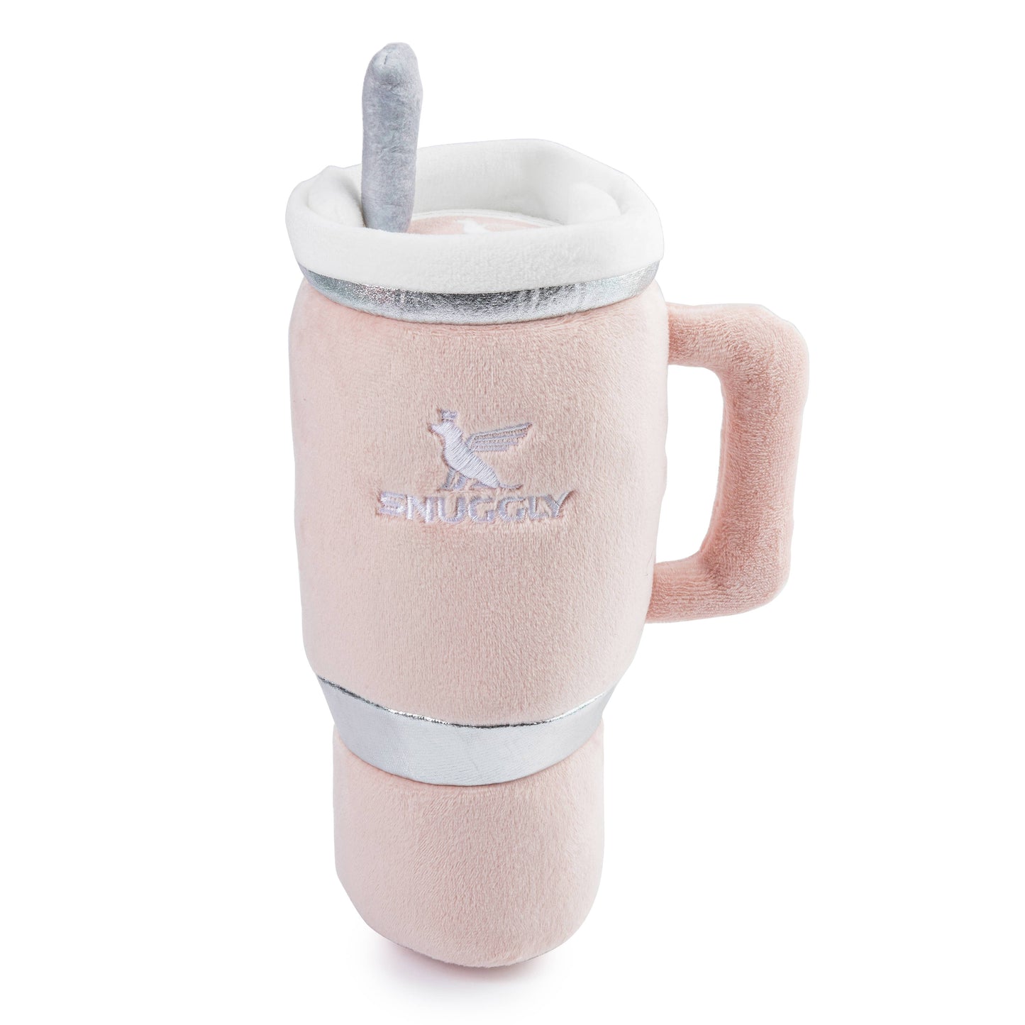Introducing the Snuggly Cup - Blush by Haute Diggity Dog, this plush squeaky toy is ideal for canine playtime. Resembling a to-go coffee cup with a handle and straw, it features pink tones with white and silver accents, a soft texture, and a dove logo on the front.