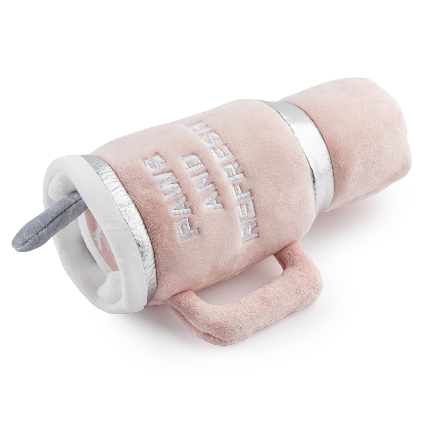 The Snuggly Cup - Blush by Haute Diggity Dog is a plush squeaky toy resembling a rolled-up yoga mat, ideal for canine playtime. It features light pink and gray colors with PAWS AND REFRESH embroidery, plus a handle and string to mimic a real yoga mat.